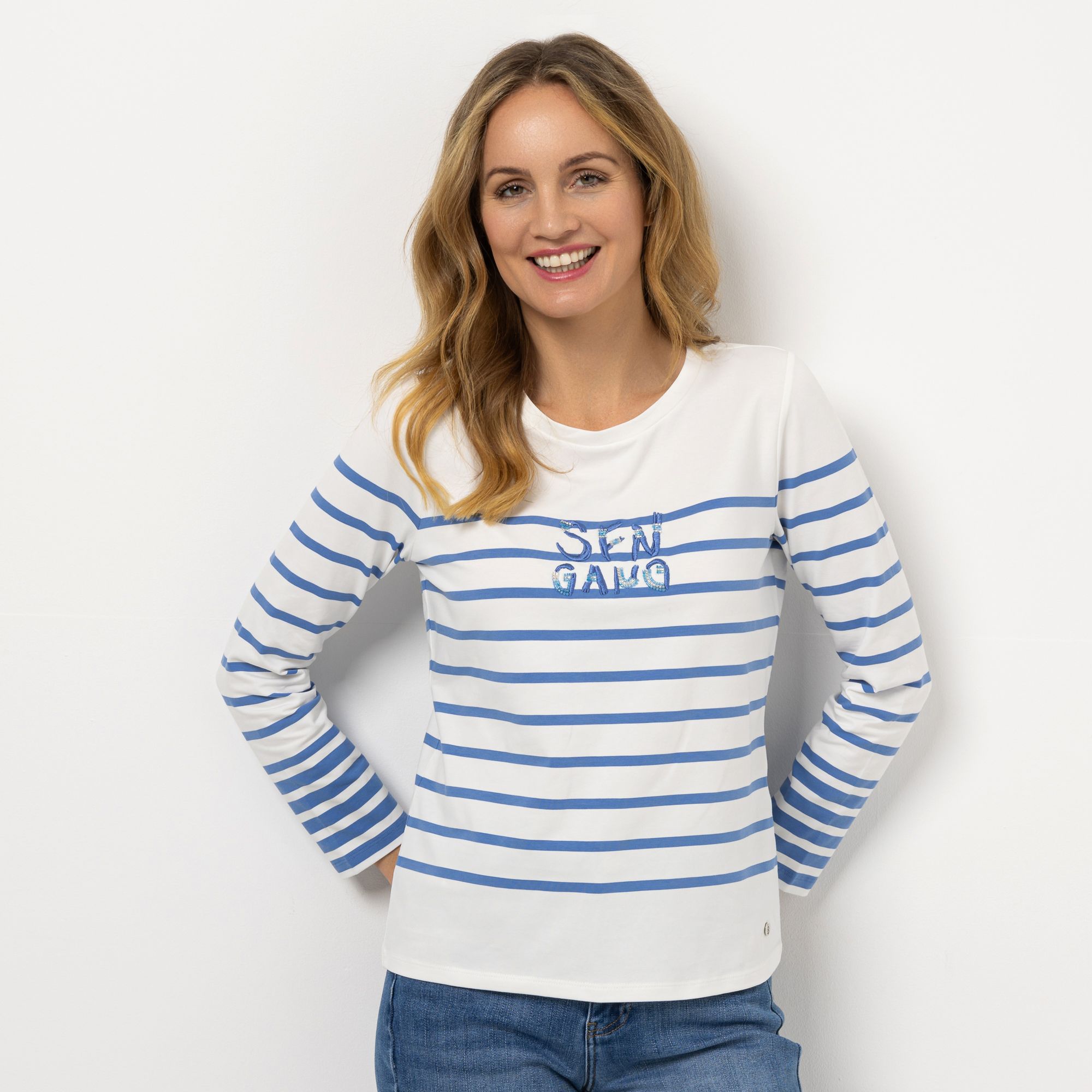 STRANDFEIN Shirt, Langarm Rundhalsausschnitt Perlen-Applikation figurumspielend