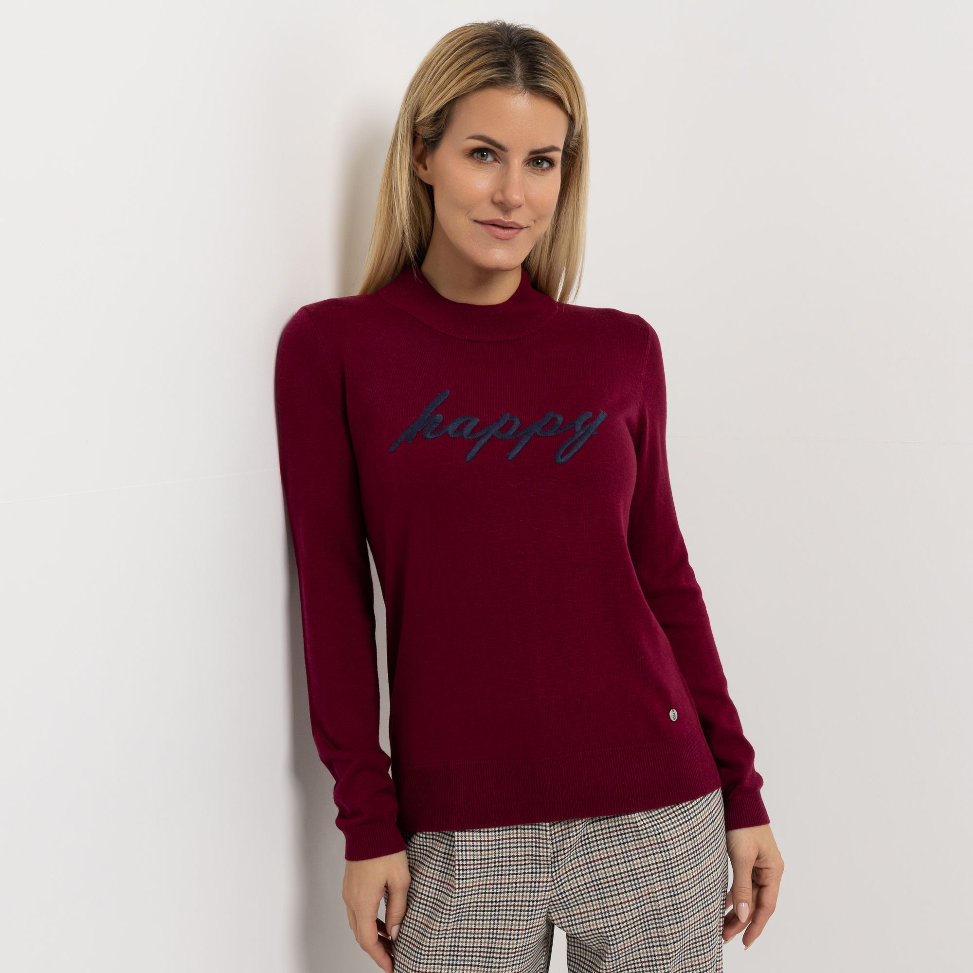 STRANDFEIN Pullover Stehkragen "Happy"-Stickerei figurumspielend