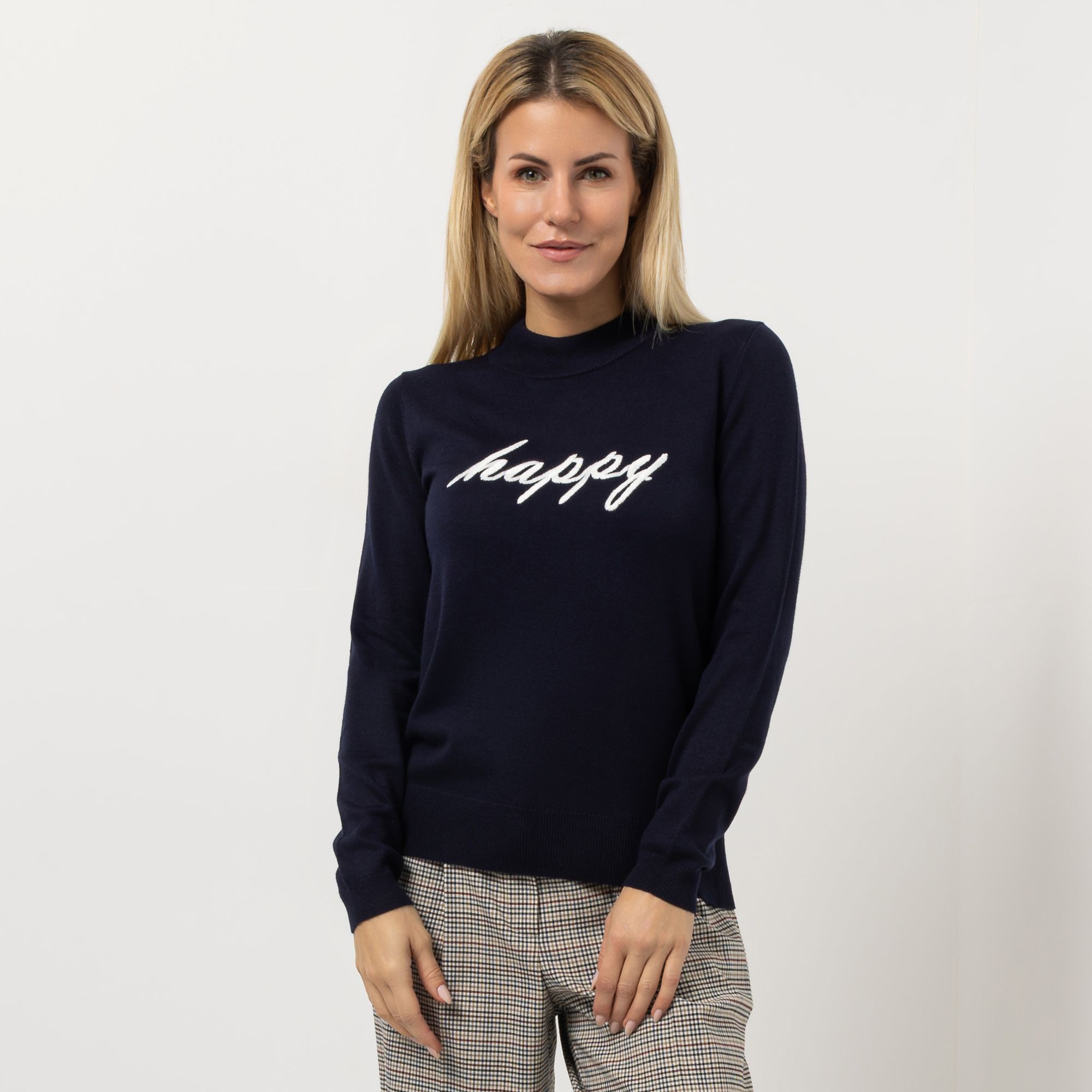 STRANDFEIN Pullover Stehkragen "Happy"-Stickerei figurumspielend