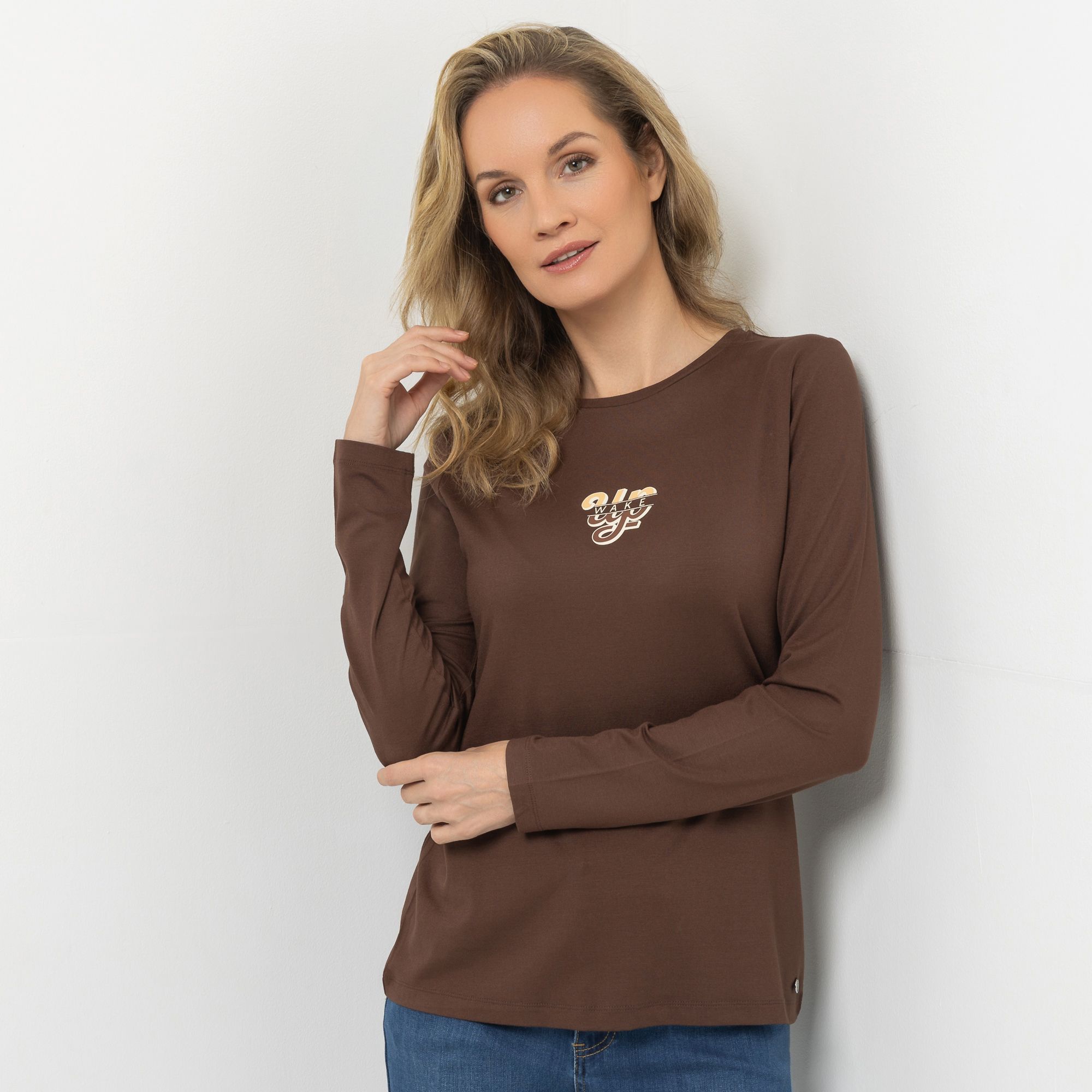 STRANDFEIN Shirt, langarm Rundhalsausschnitt platzierter Print figurumspielend