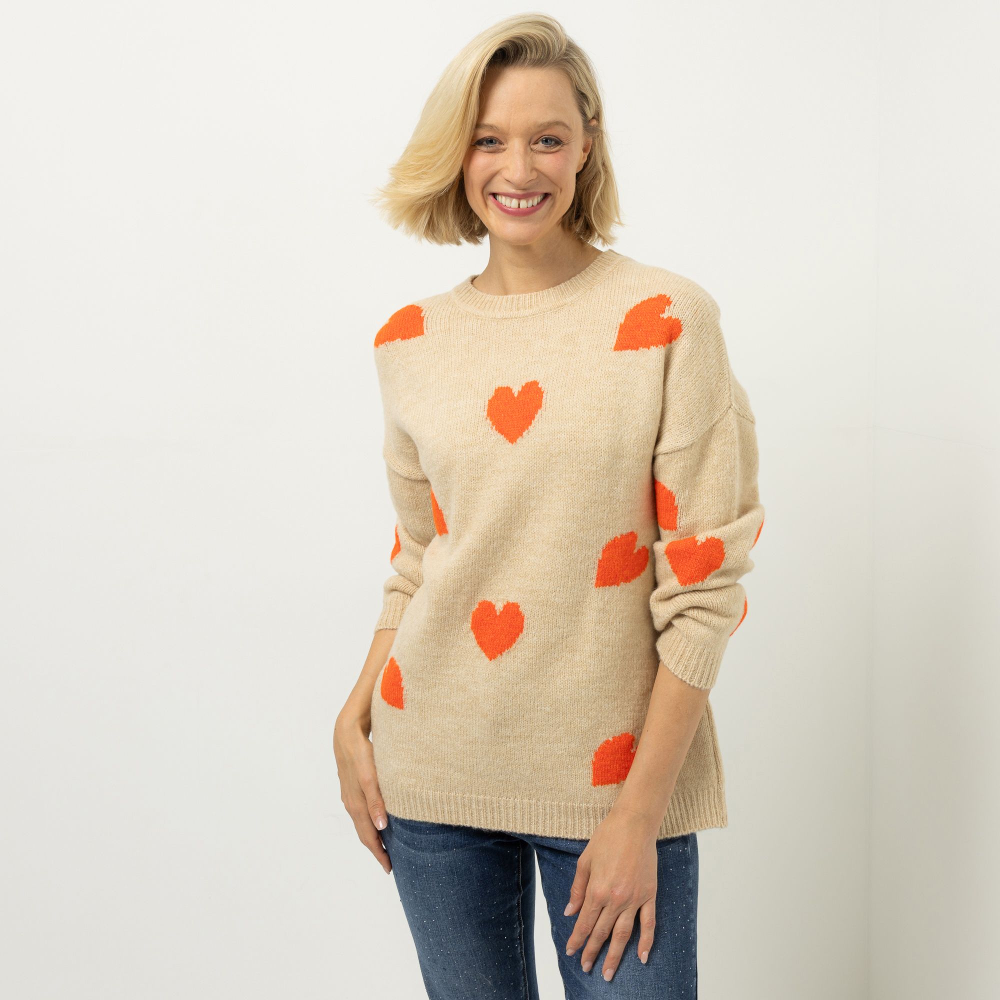 DINE 'N' DANCE Pullover Rundhalsausschnitt Jacquard-Herzen leger weit