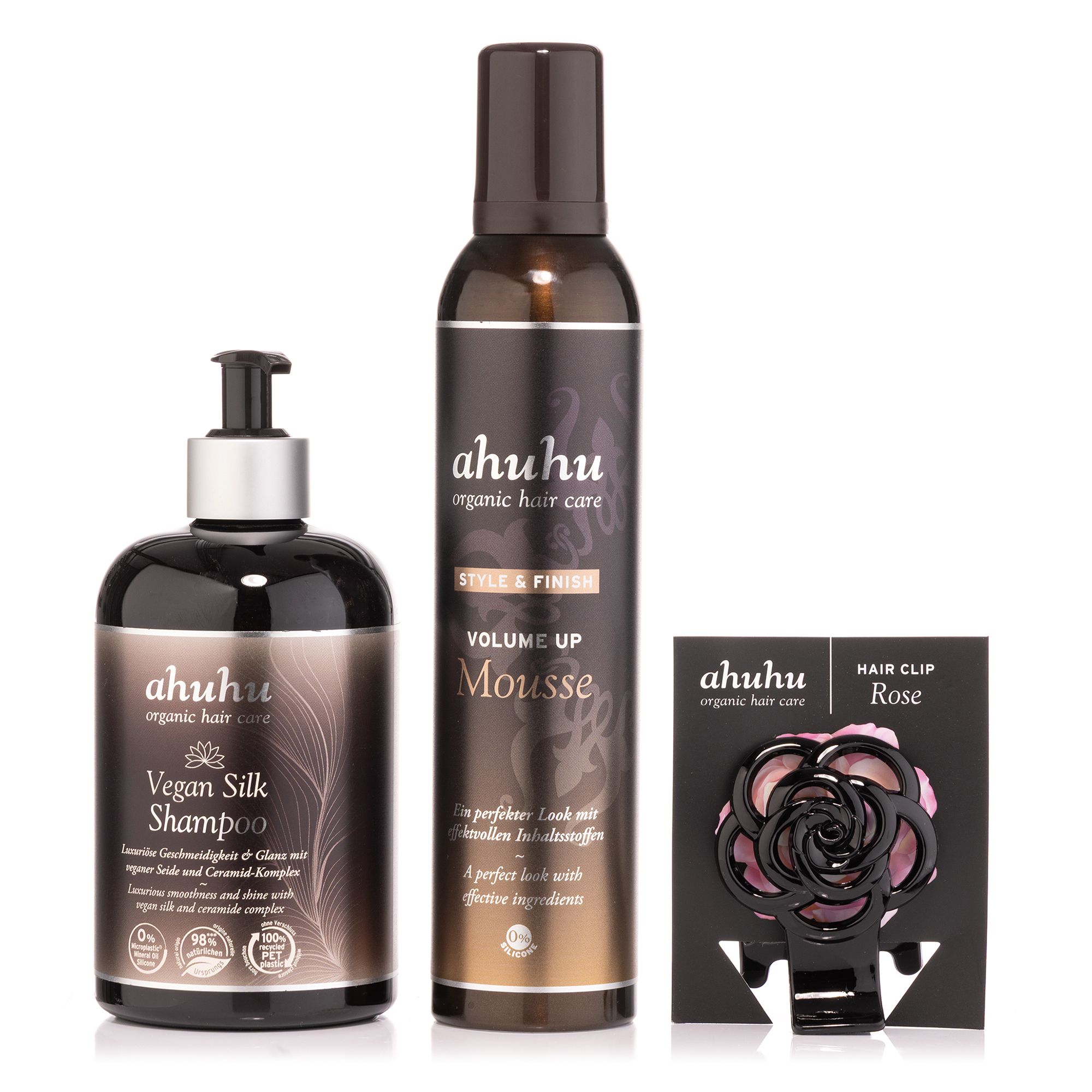 ahuhu Vegan Silk Shampoo 500ml & Volume Mousse 300ml & Hairclip