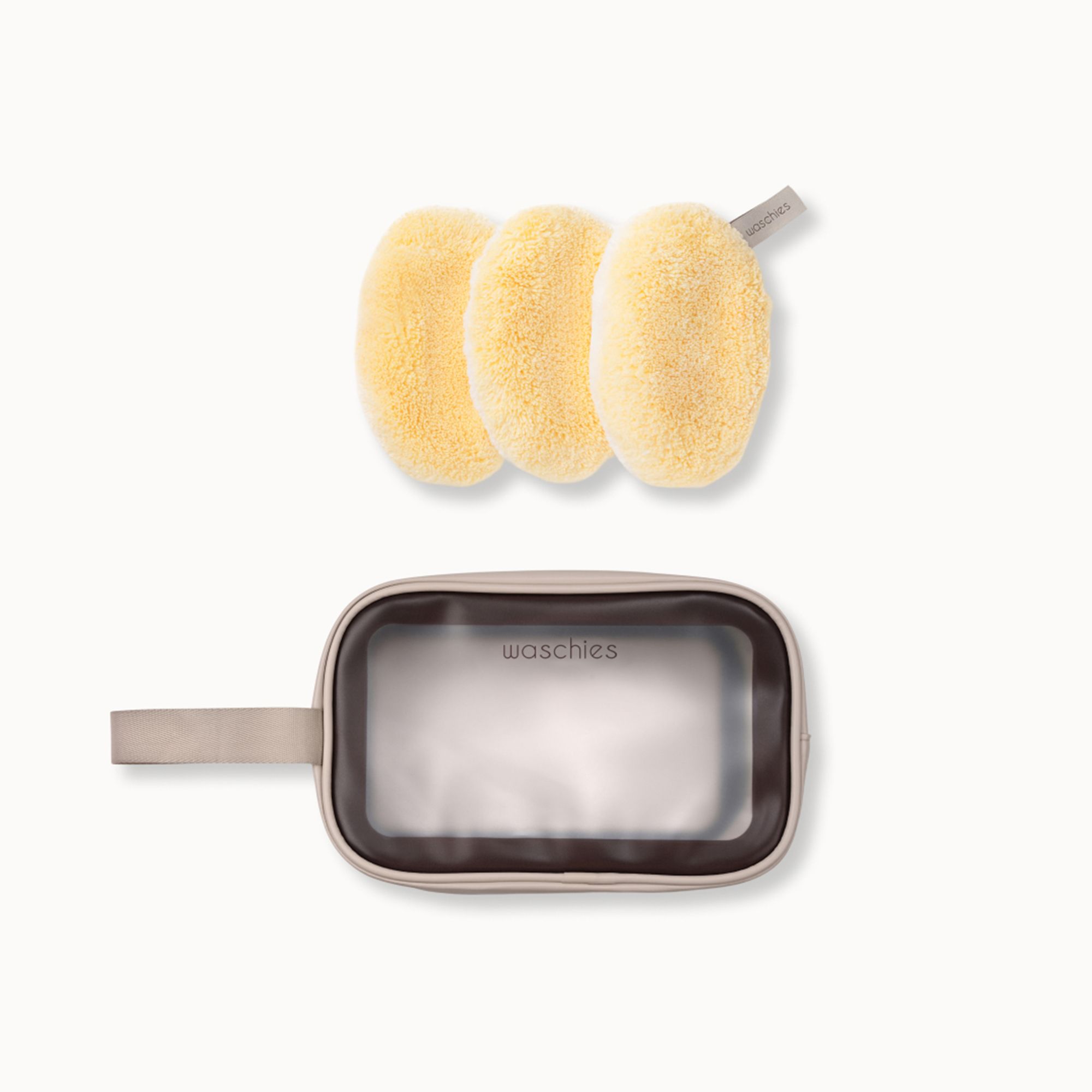 WASCHIES® Skin Cleansing Set 3 gelbe Abschmink- & Waschpads mit beiger Aufbewahrungstasche