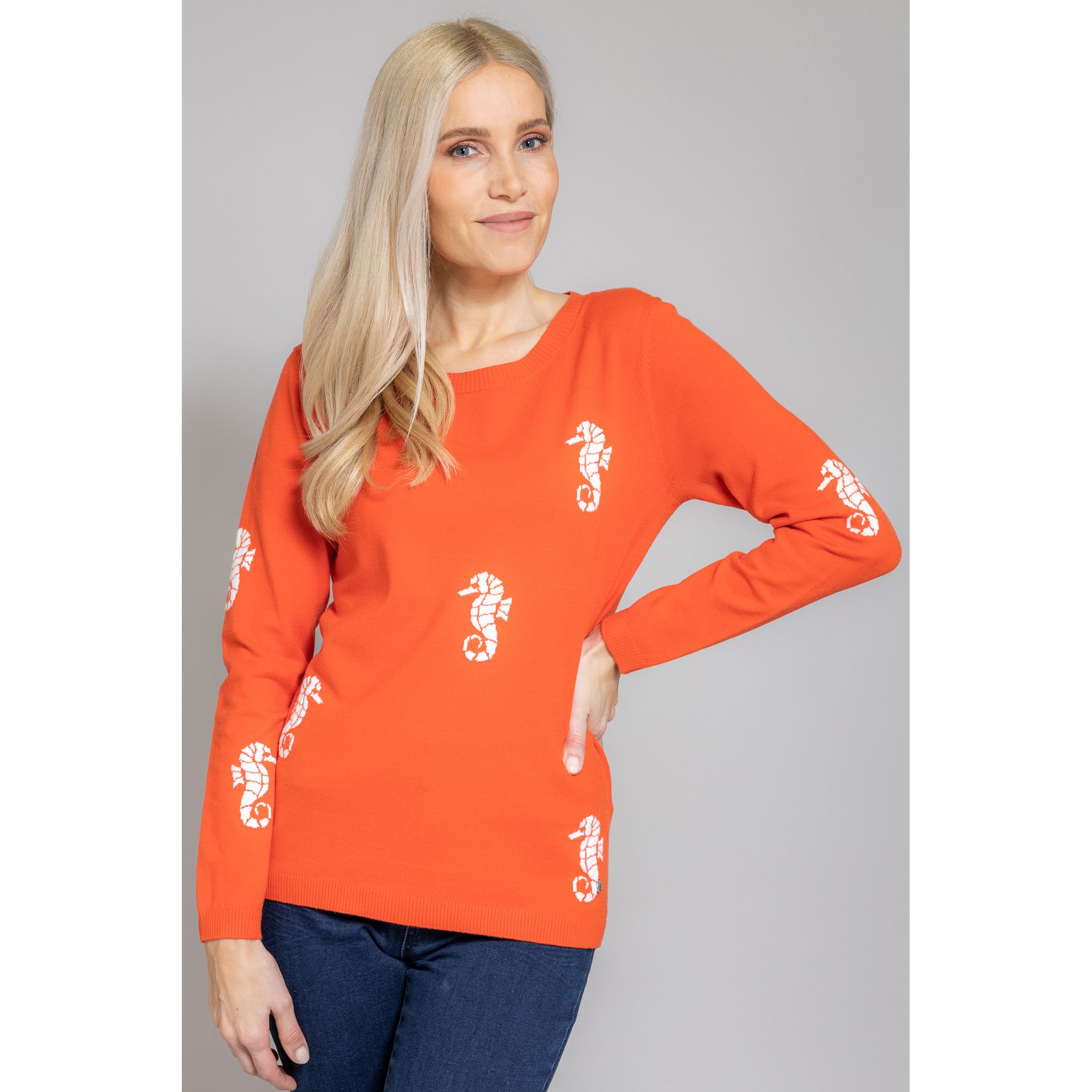 Strandfein Pullover 1 Arm Rundhalsausschnitt Motiv Intarsien Figurbetont Eng Qvc De 