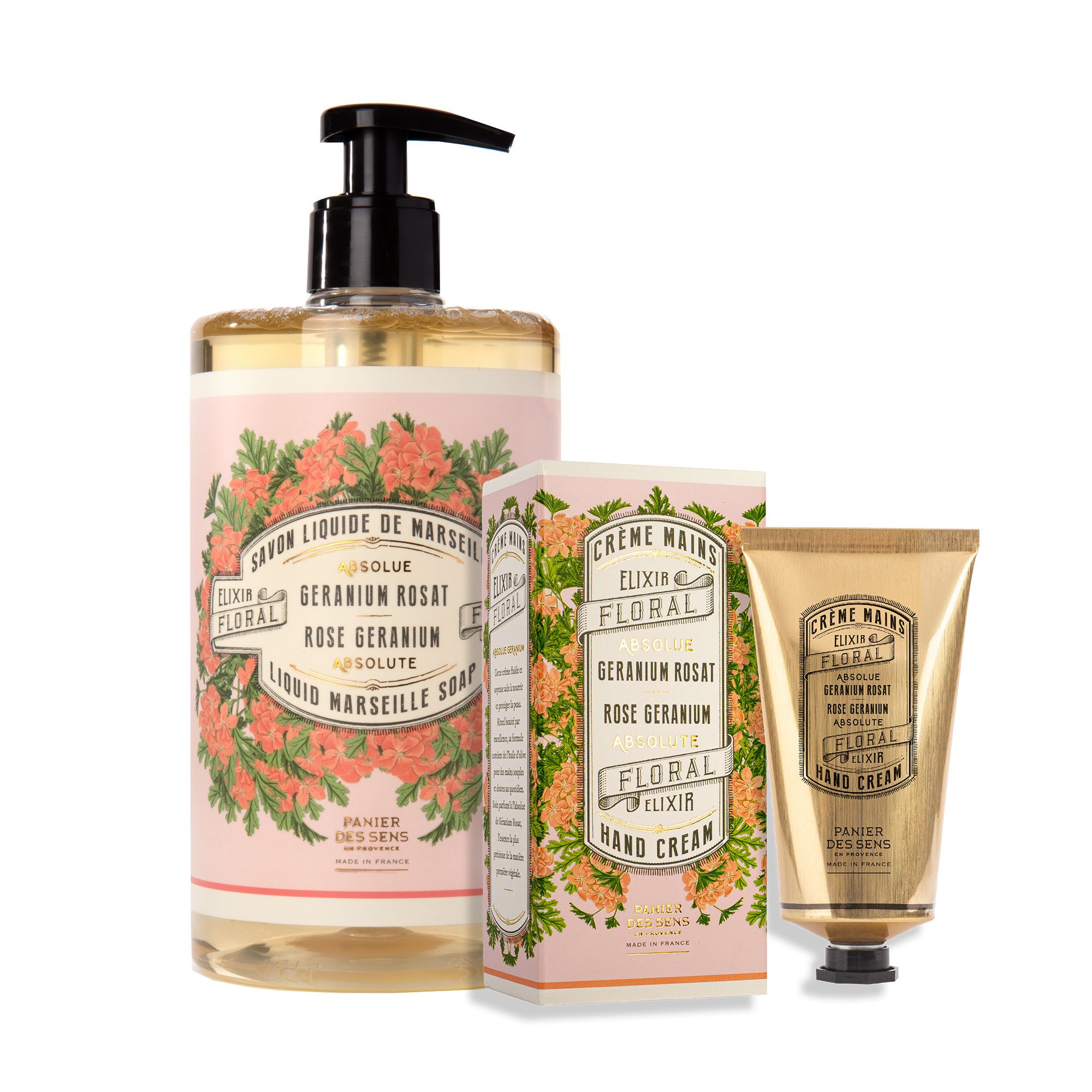 PANIER DES SENS Rosengeranie Flüssigseife 750ml, Handcreme 75ml