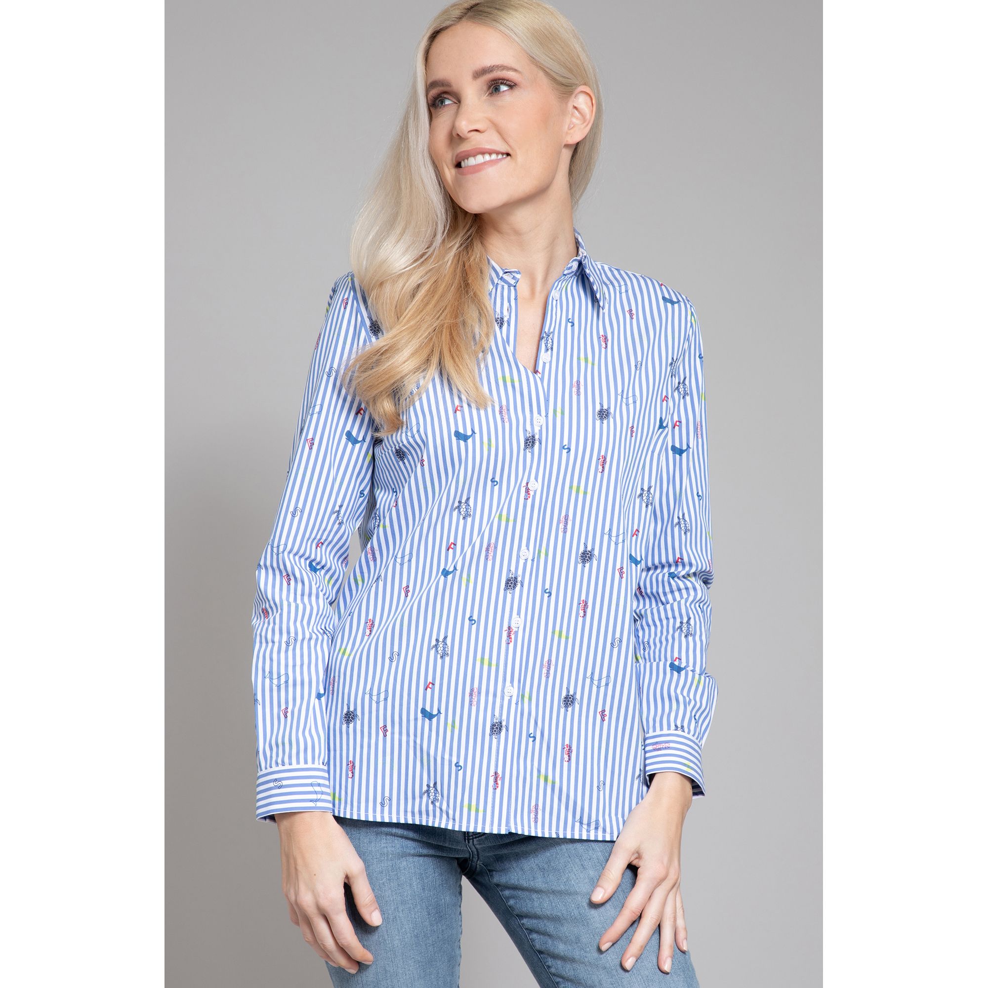 Strandfein Bluse 1 1 Arm Hemdblusenkragen Streifen Motiv Druck Leger Weit Qvc De