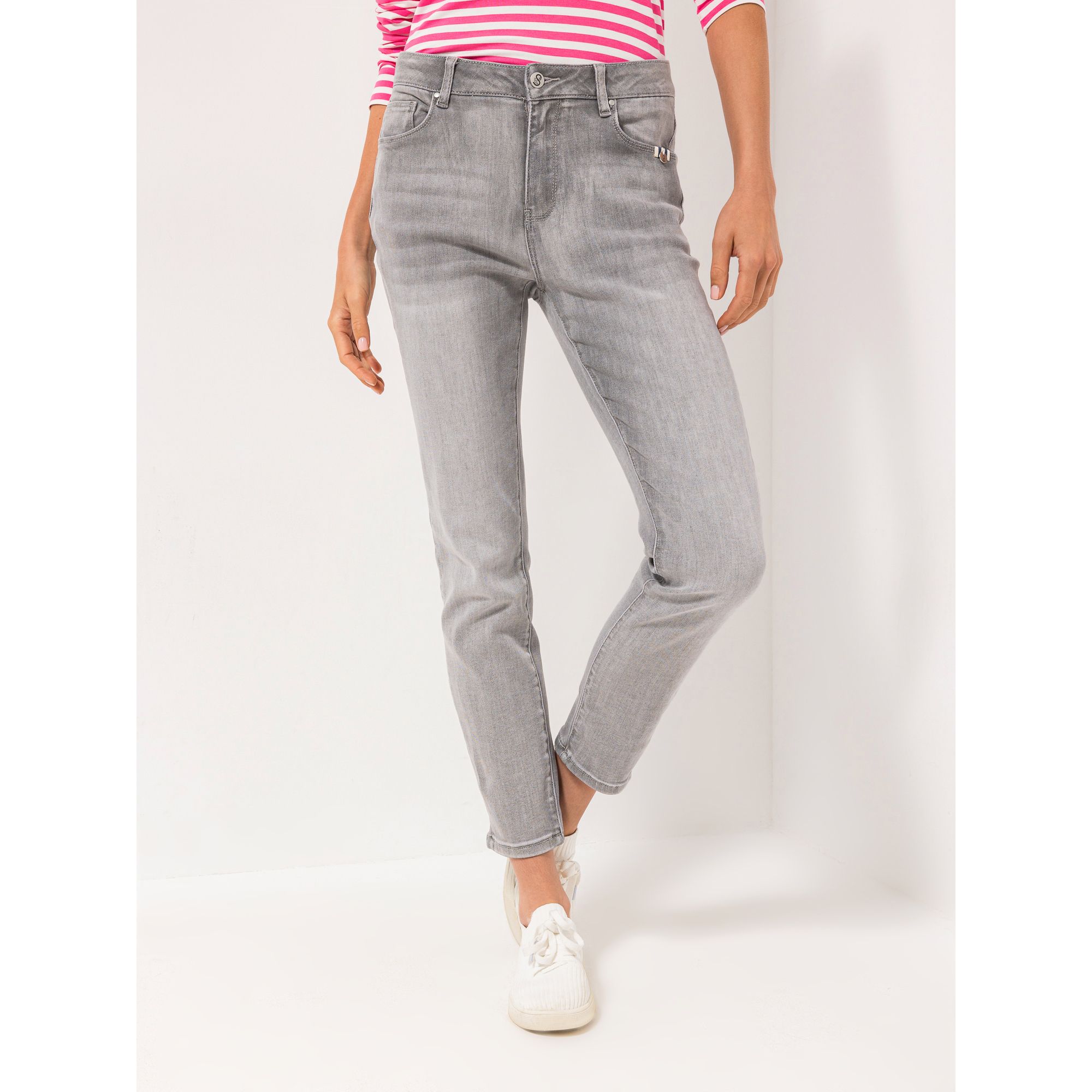 STRANDFEIN Jeanshose, elastisch knöchellang 5-pocket-Style Logo-Stickerei