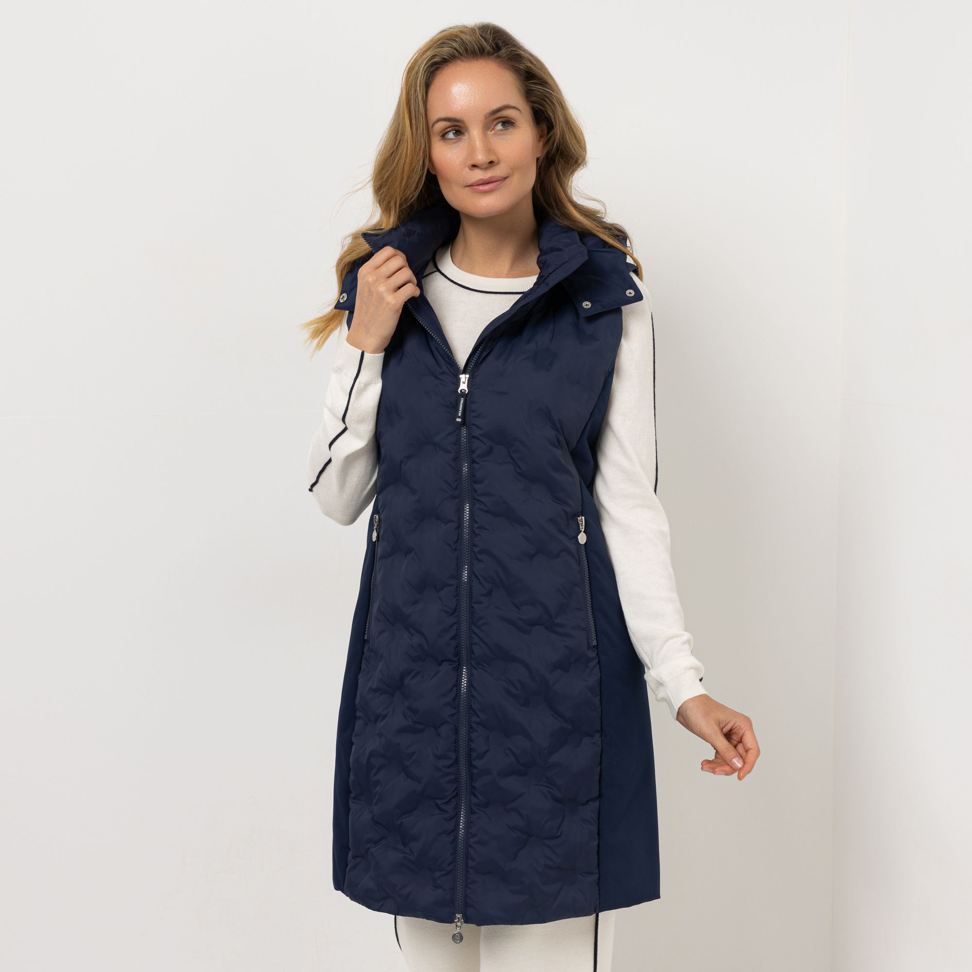 STRANDFEIN Longweste Materialmix 2-Wege-Reißverschluss figurumspielend