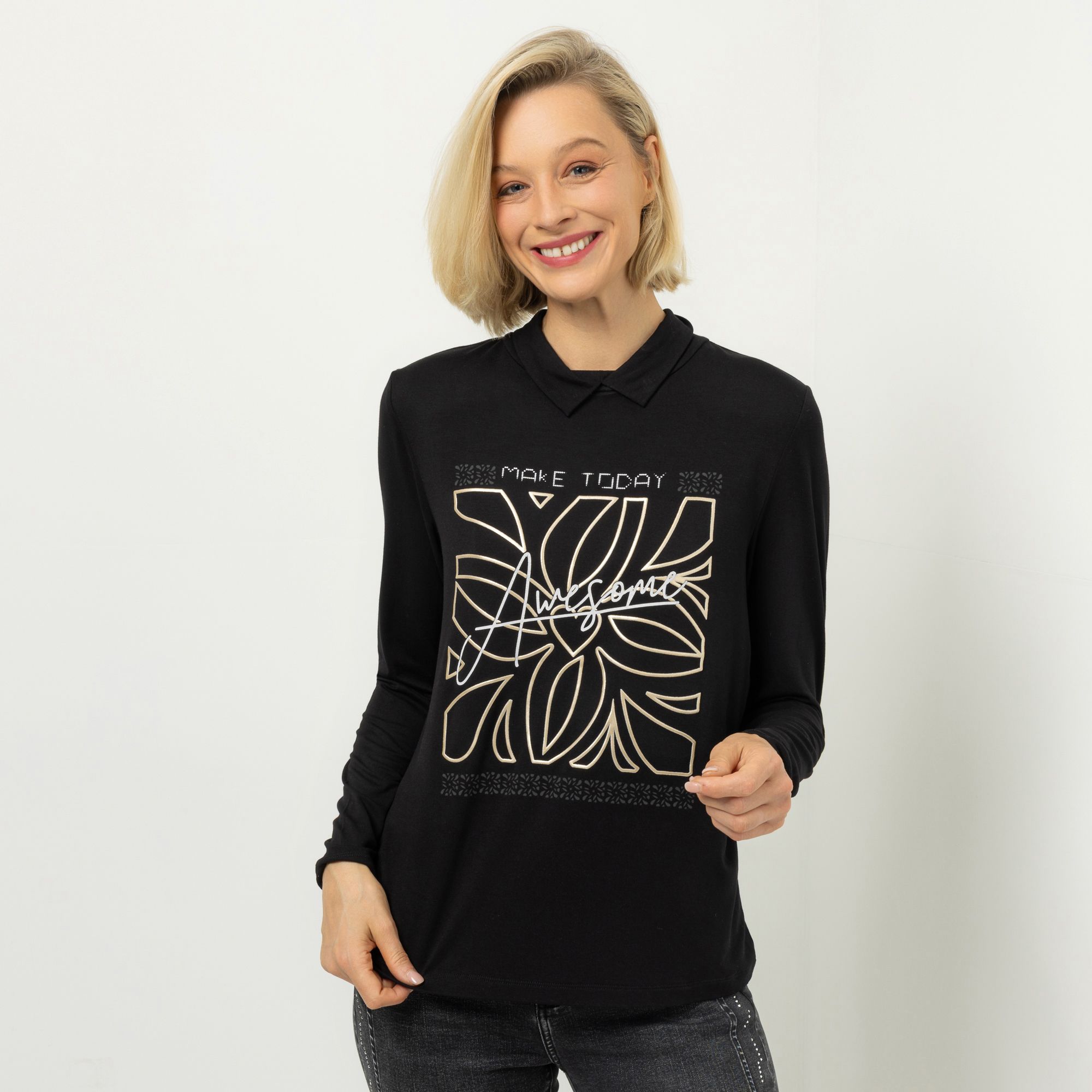 DINE 'N' DANCE Shirt, Langarm Stehkragen platzierter Druck figurumspielend