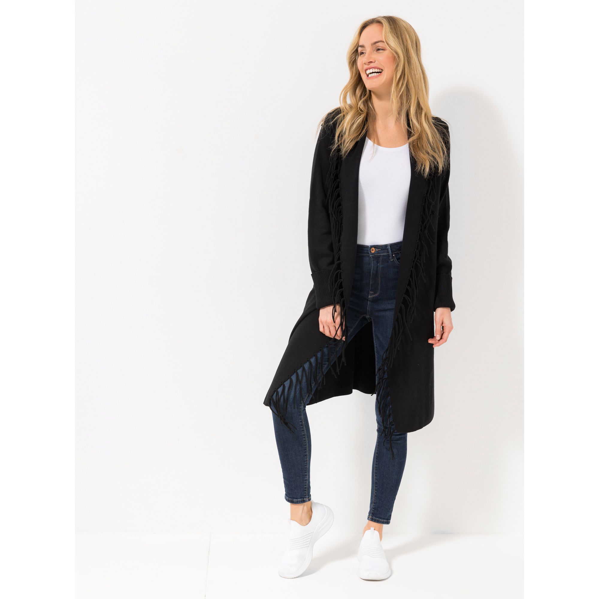 DINE 'N' DANCE Strickmantel, 1/1-Arm Fransendetails mit ECOVERO™ Viskose figurumspielend