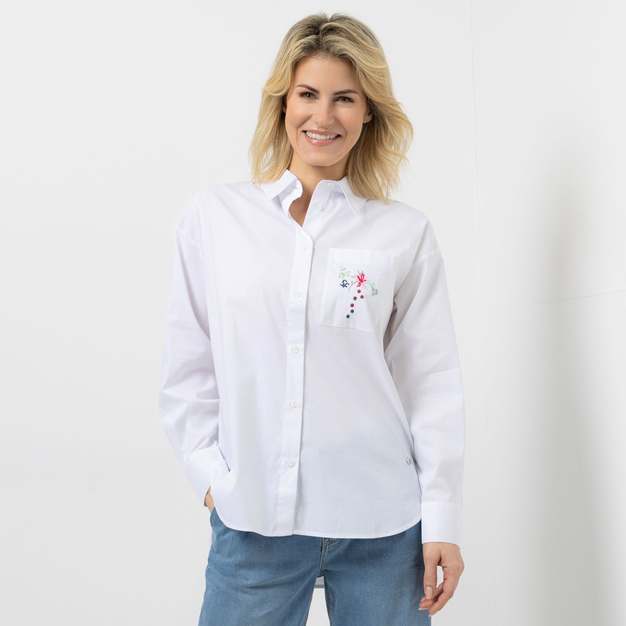 STRANDFEIN Bluse Hemdblusenkragen Blumen-Stickerei leger weit