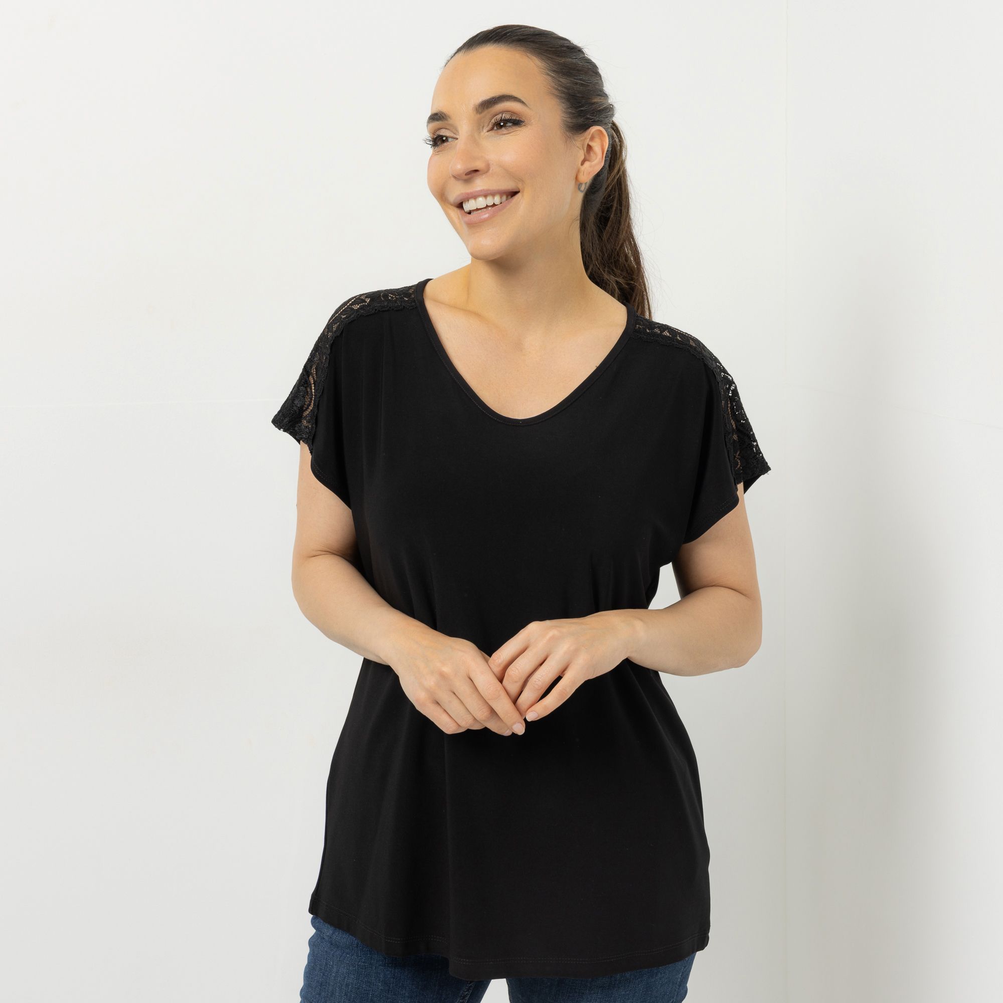 KIM & CO. Shirt, 1/2-Arm Deluxe Brazil Knit Spitzen-Detail figurumspielend
