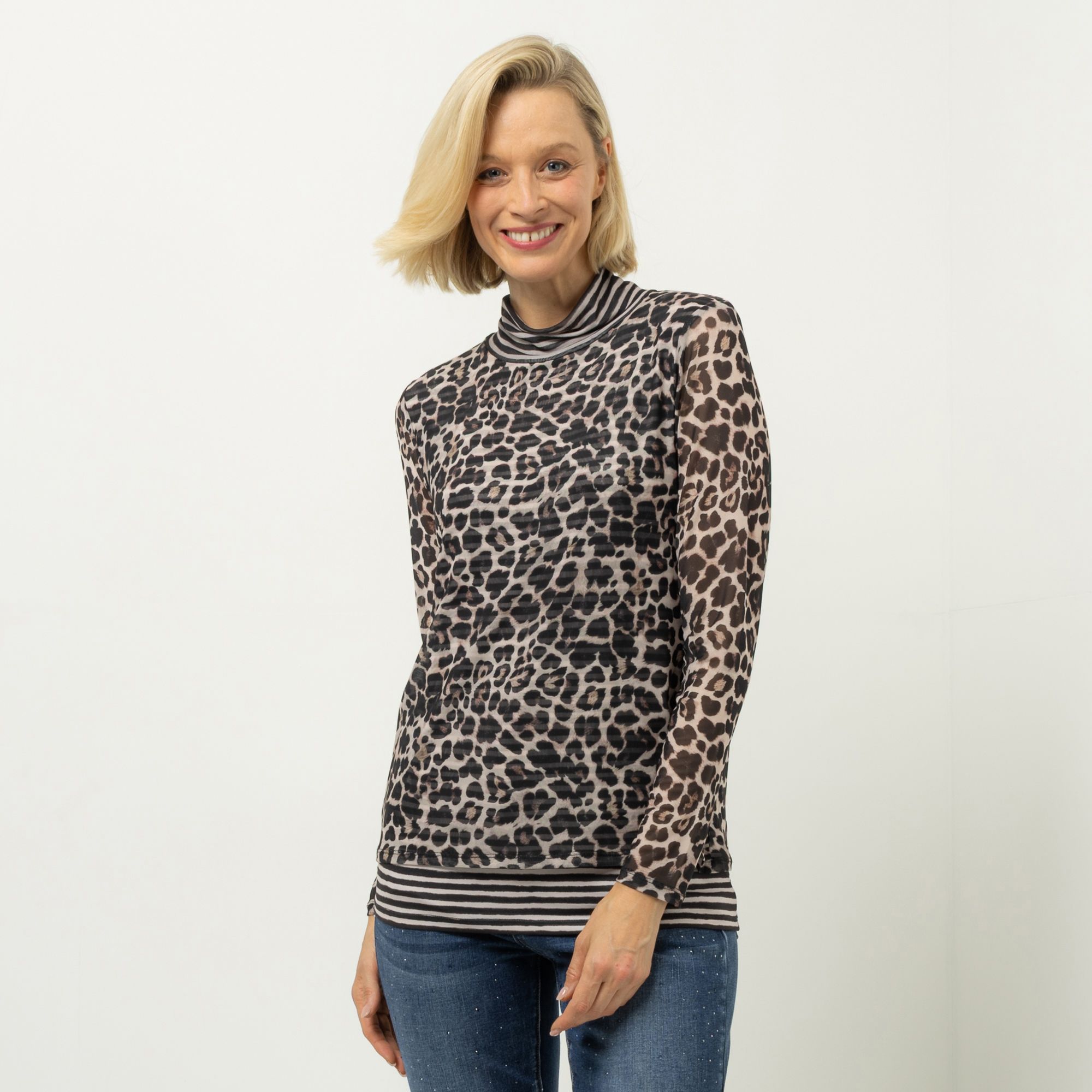 DINE 'N' DANCE Mesh-Shirt, Langarm Stehkragen Allover-Druck figurumspielend