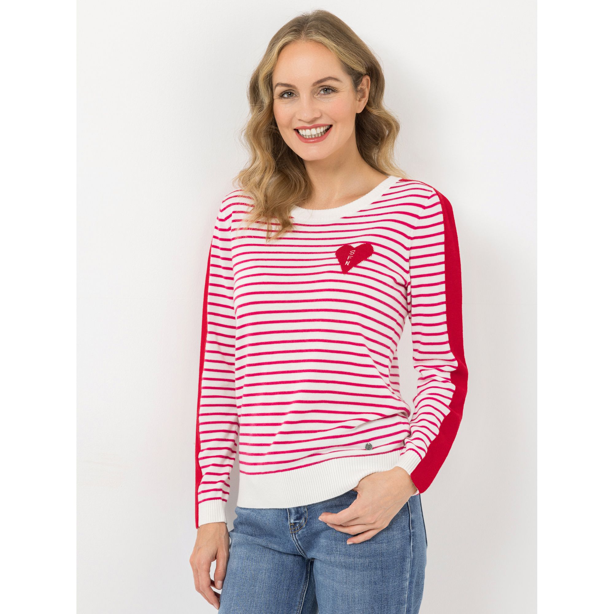 STRANDFEIN Streifenpullover Rundhalsausschnitt Herz-Logo-Intarsie figurumspielend