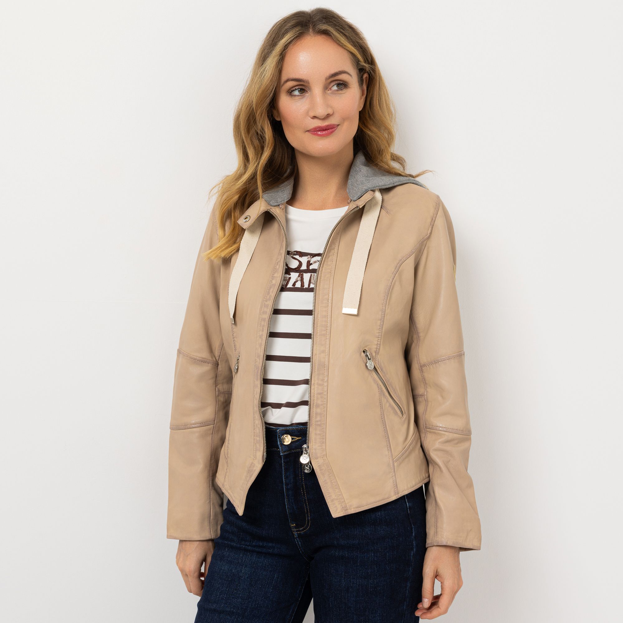 STRANDFEIN Lederjacke Lammnappa Sweatkapuze figurbetont