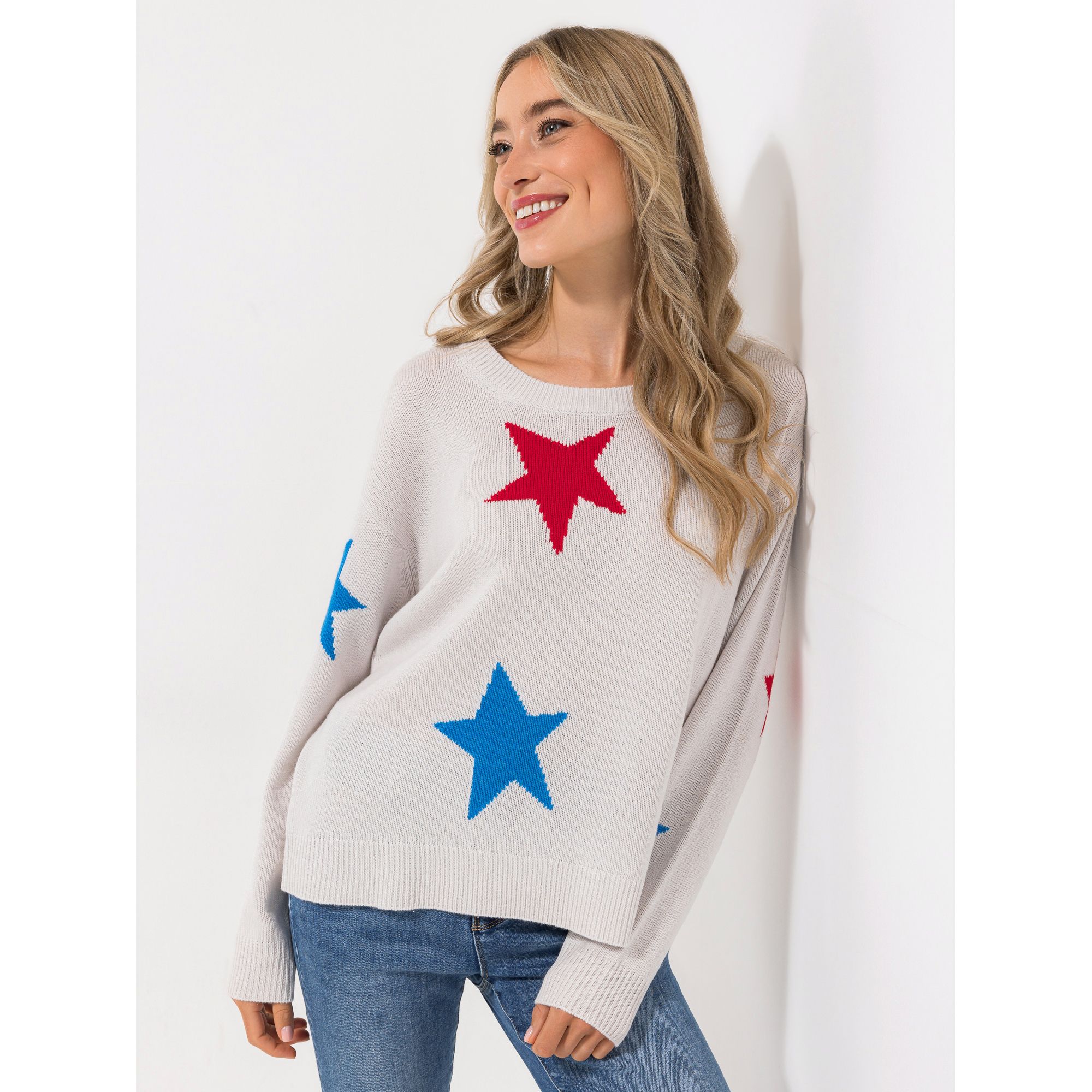 STRANDFEIN Pullover Rundhalsausschnitt Sternen-Intarsie leger weit