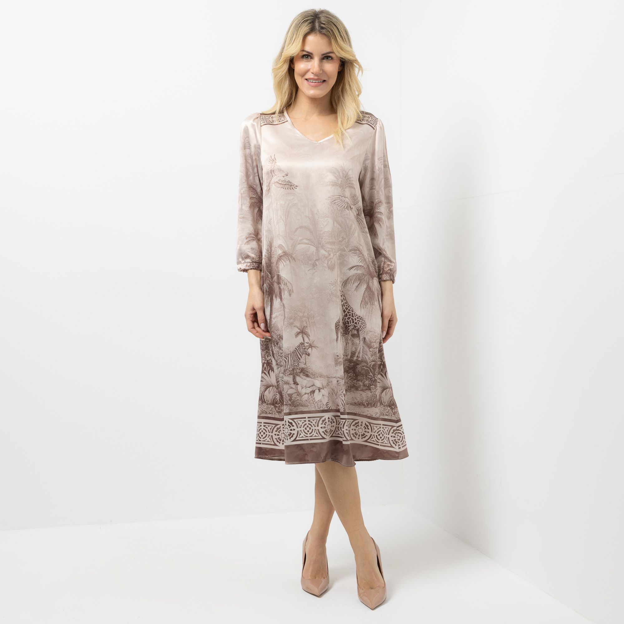 SCHIFFHAUER MUNICH® Kleid 3/4-Arm V-Ausschnitt Allover Druck figurumspielend