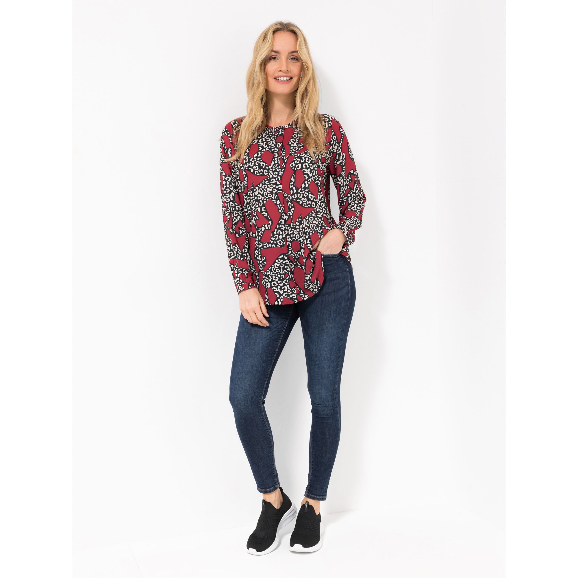 DINE 'N' DANCE Bluse Allover-Druck Rundhalsausschnitt leger weit