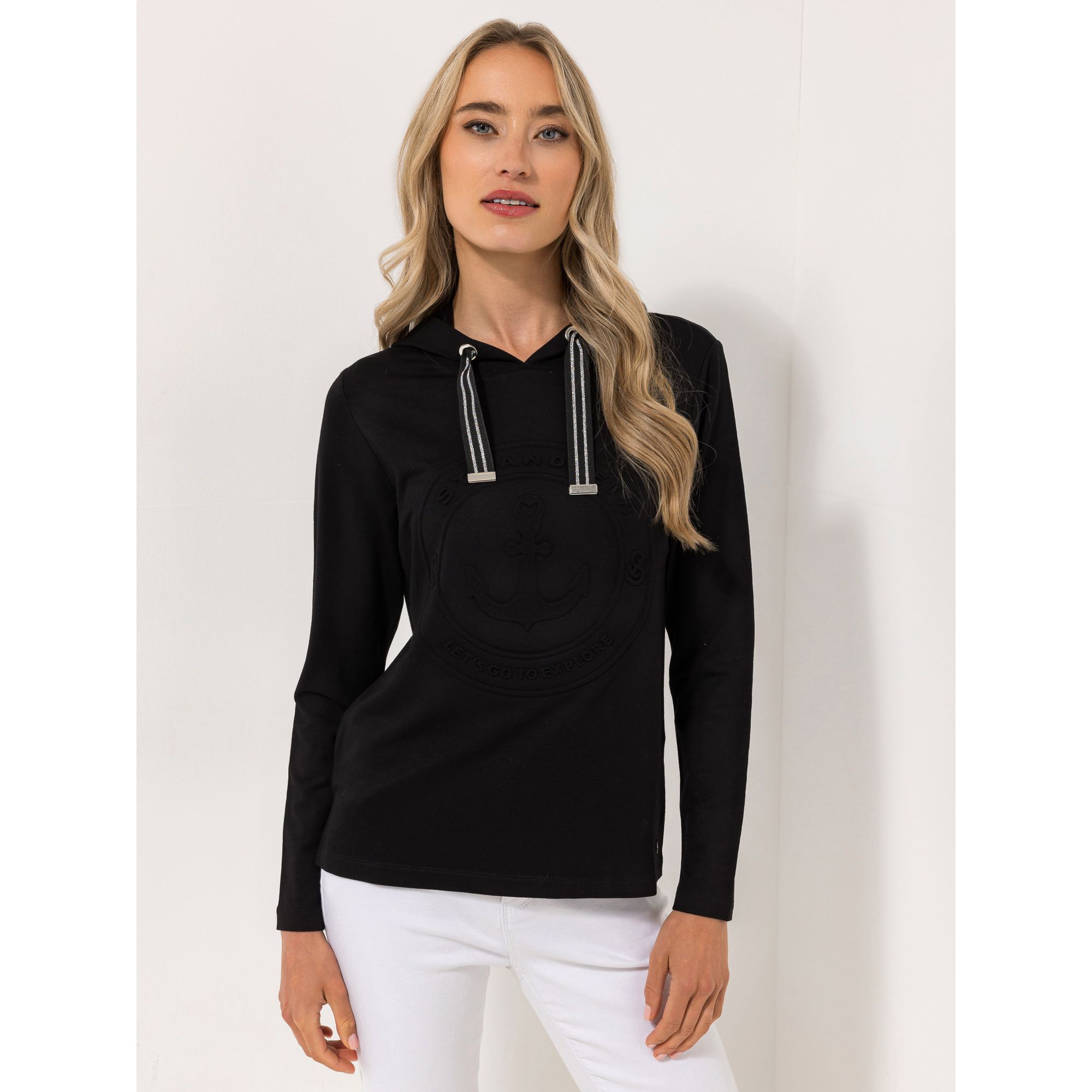 STRANDFEIN Shirt, Langarm mit Kapuze Logo-Prägung figurumspielend