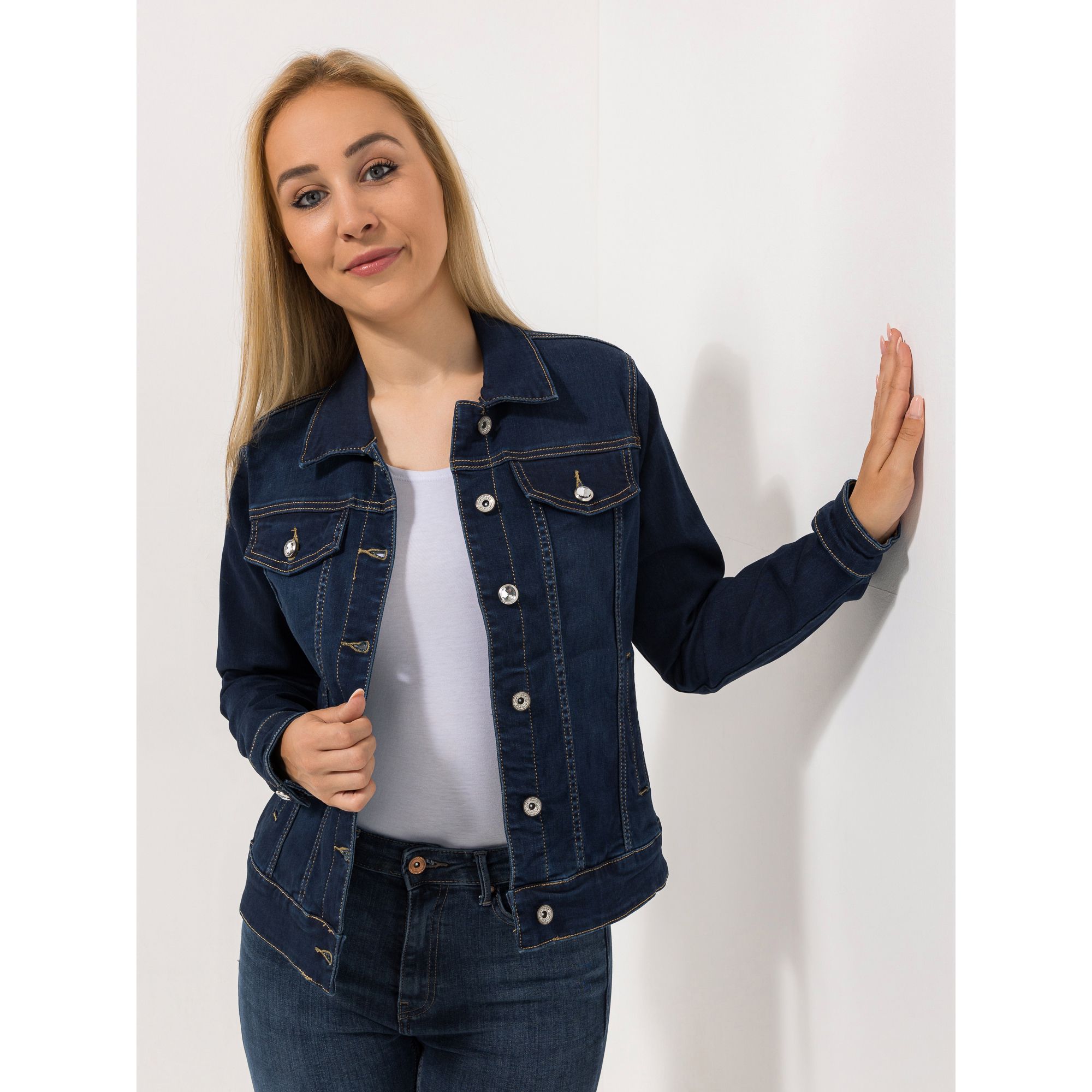 DINE 'N' DANCE Jeansjacke Salsa Knopfleiste Strassknöpfe figurbetont