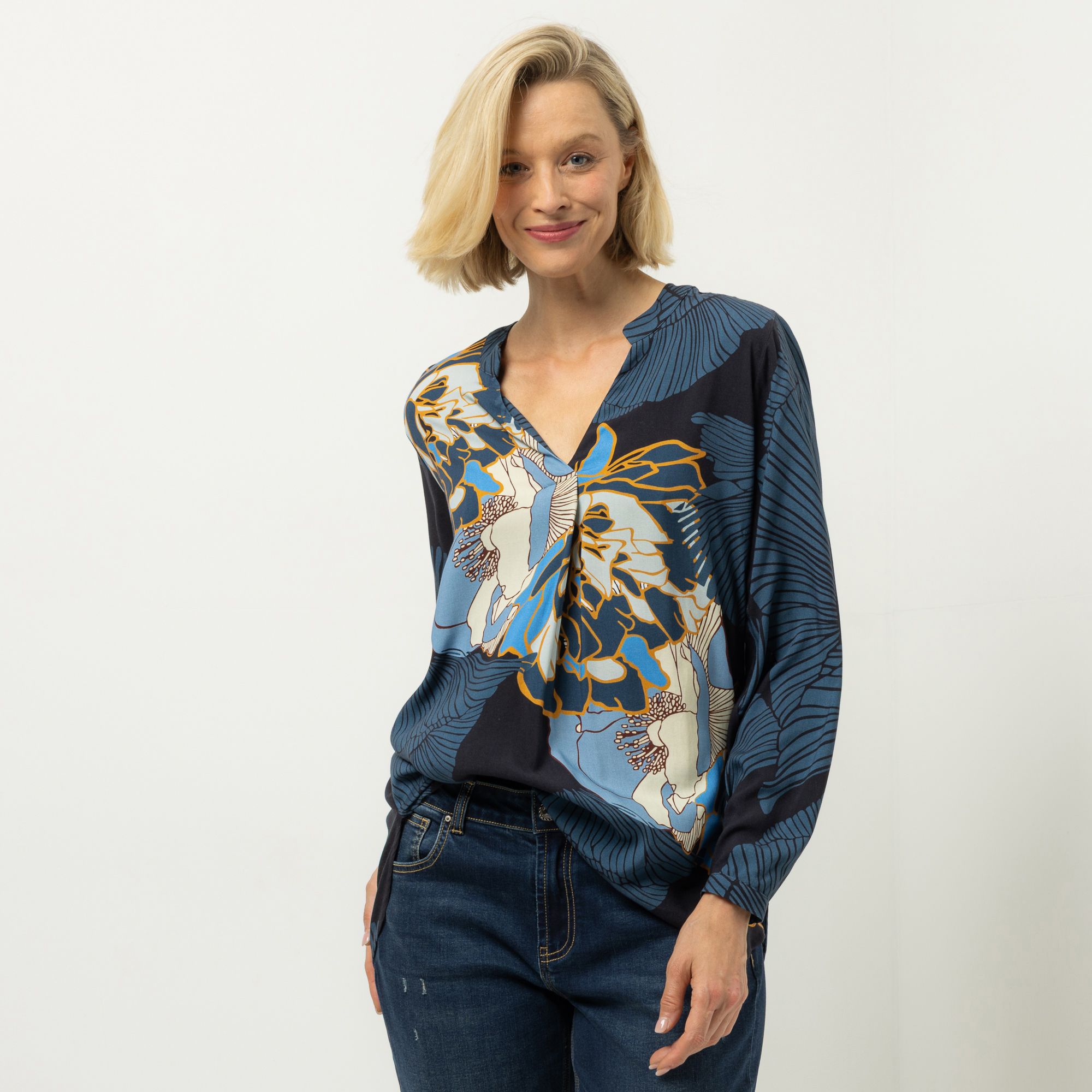 DINE 'N' DANCE Bluse, Langarm V-Ausschnitt platzierter Druck leger weit