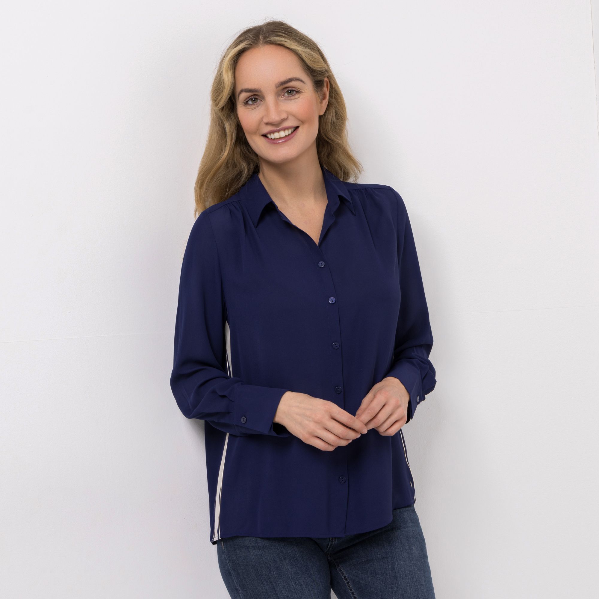 EVA LUTZ Bluse Lotte Hemdblusenkragen Galon-Streifen leger weit