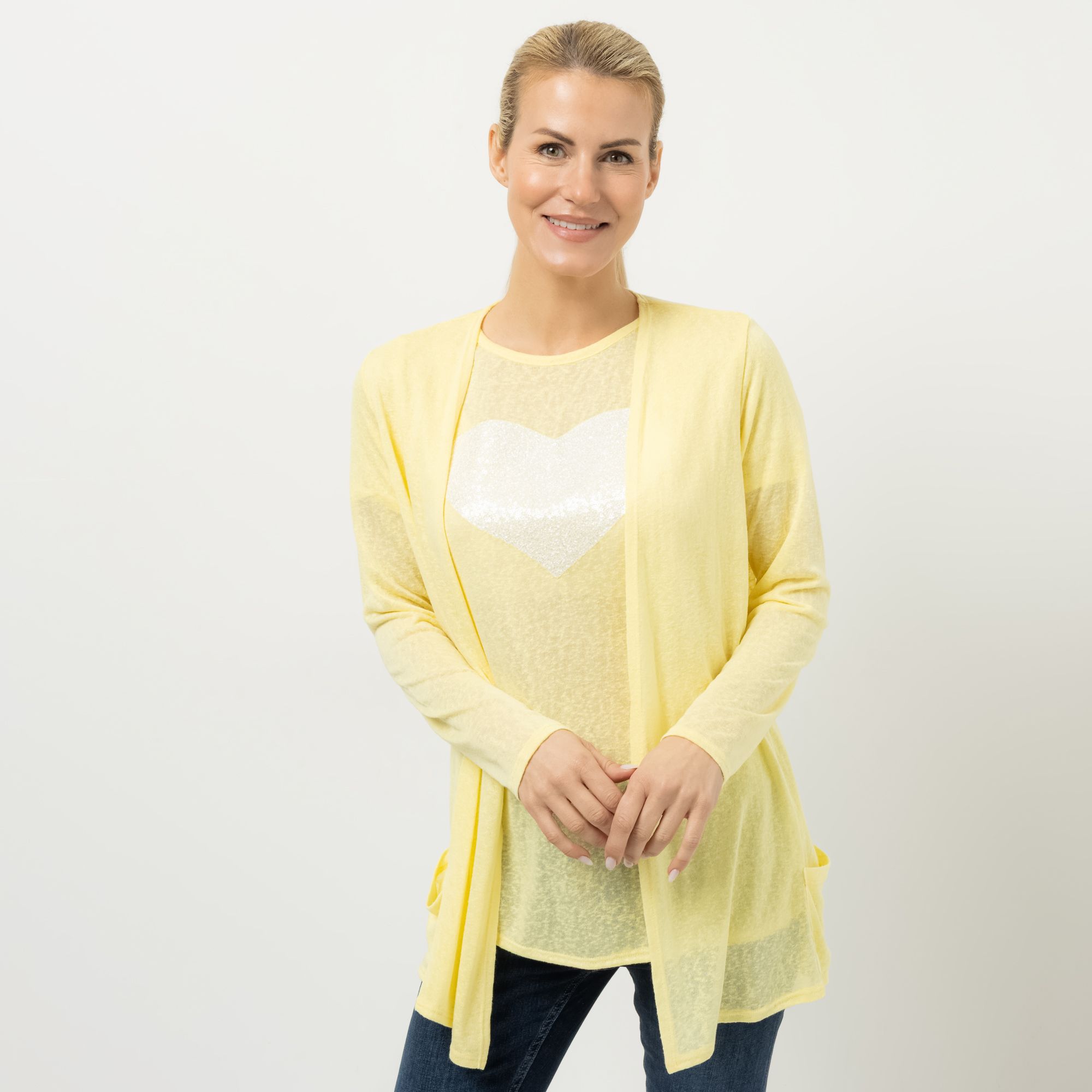 KIM & CO. Cardigan, Langarm Leinen-Optik Jersey aufgesetzte Taschen figurumspielend