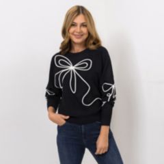 EVA LUTZ Pullover Rundhalsausschnitt Schleifen-Stickerei figurumspielend