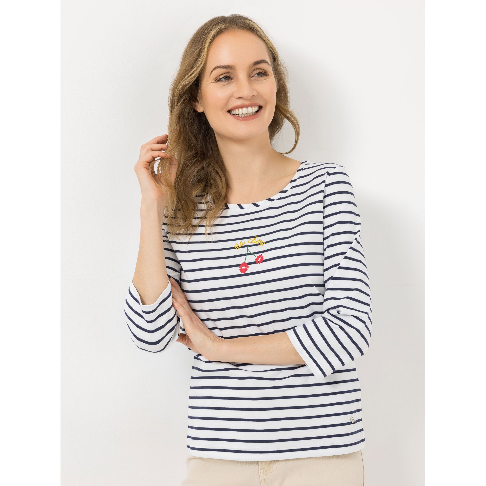 STRANDFEIN Streifenshirt,3/4-Arm Rundhalsausschnitt Motivdruck und Stickerei