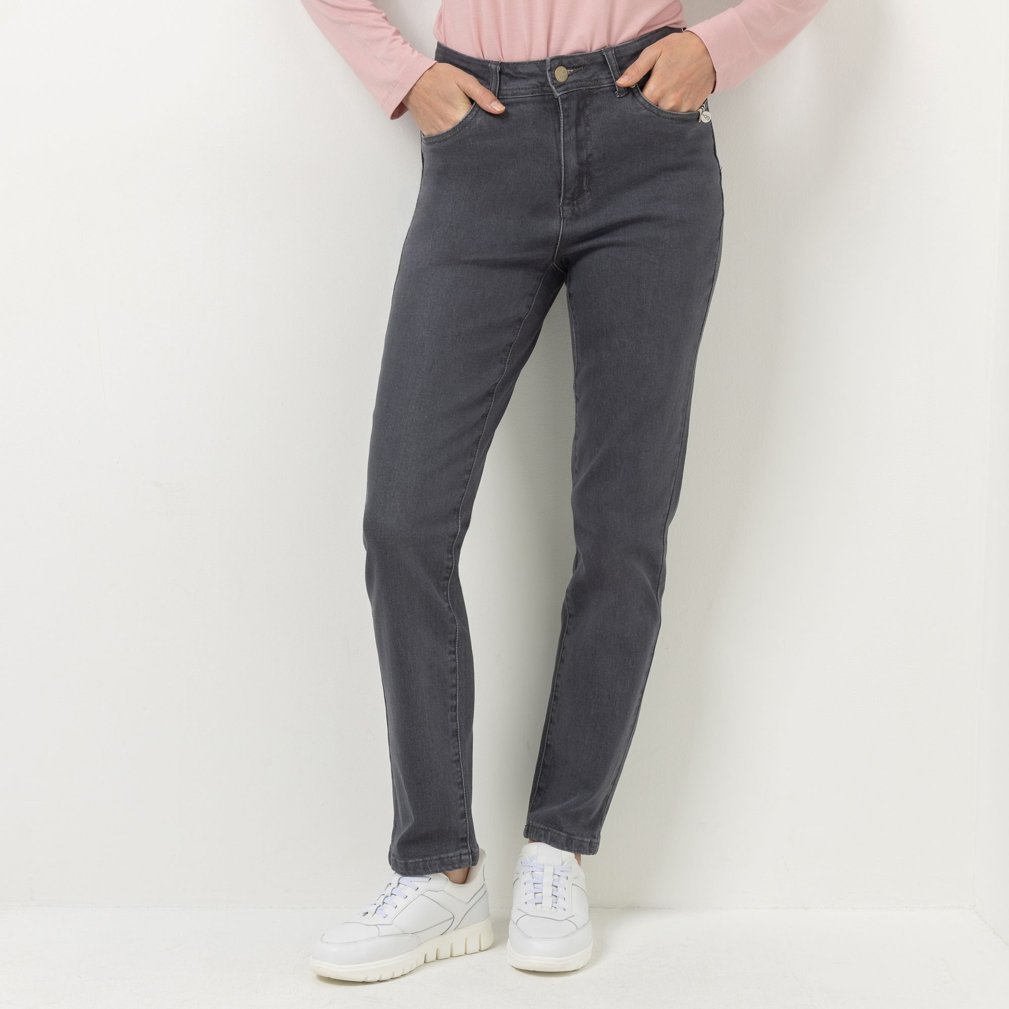 STRANDFEIN Jeanshose lange Form Pu-Logobadge schmales Bein