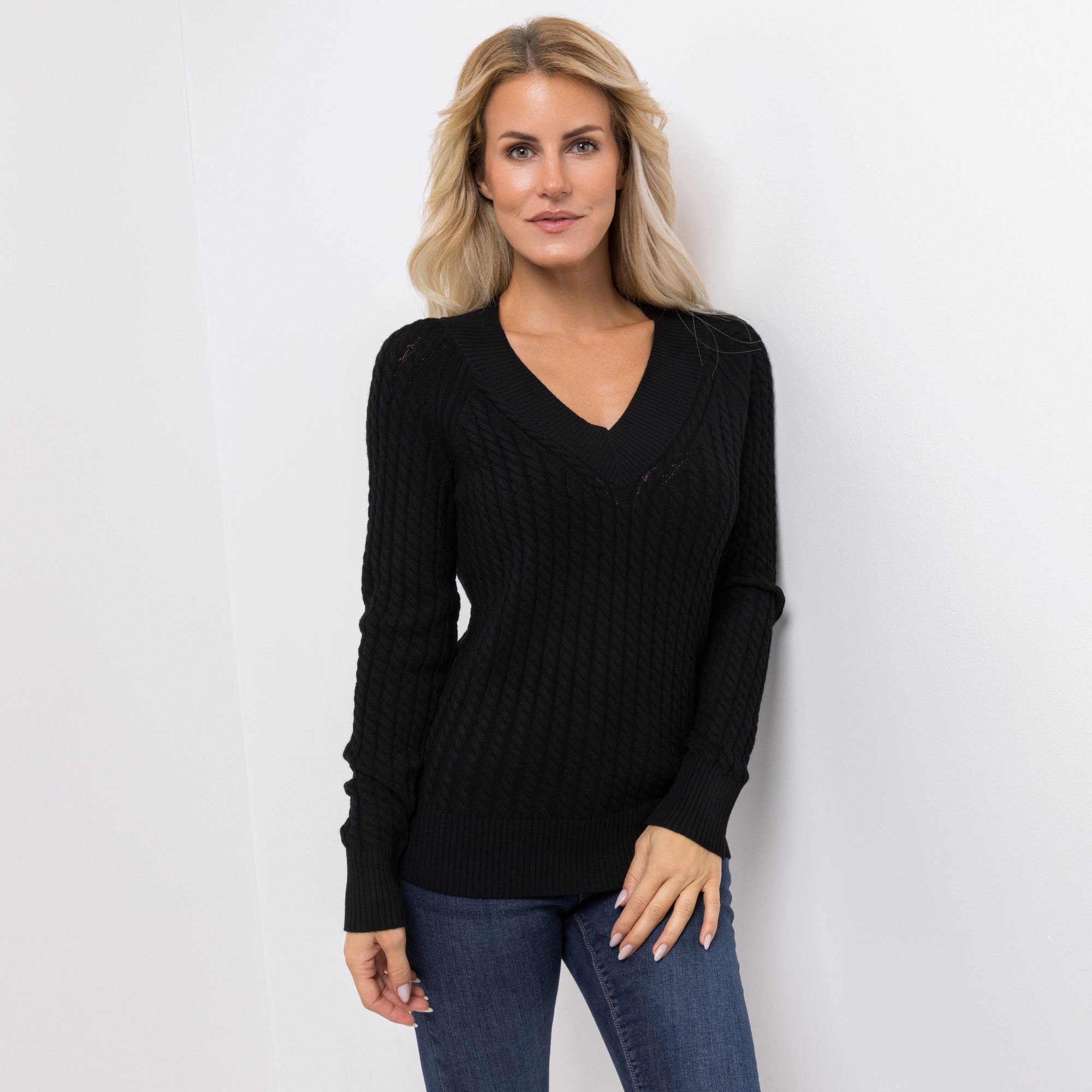 EVA LUTZ Pullover V-Ausschnitt Zopfstrickmuster figurbetont