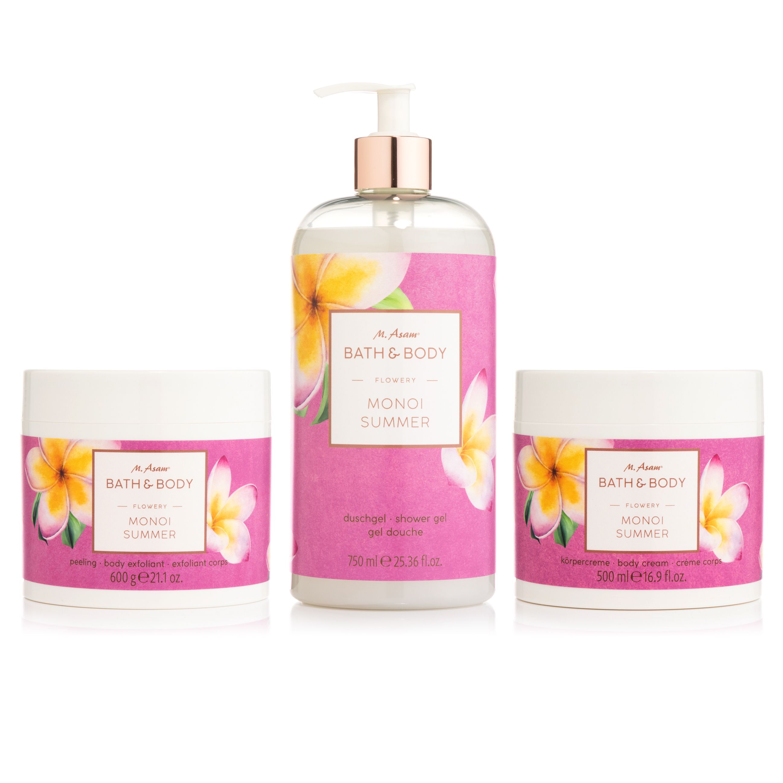 M.ASAM® Monoi Summer Duschgel 750ml, Peeling 600g, Körpercreme 500ml