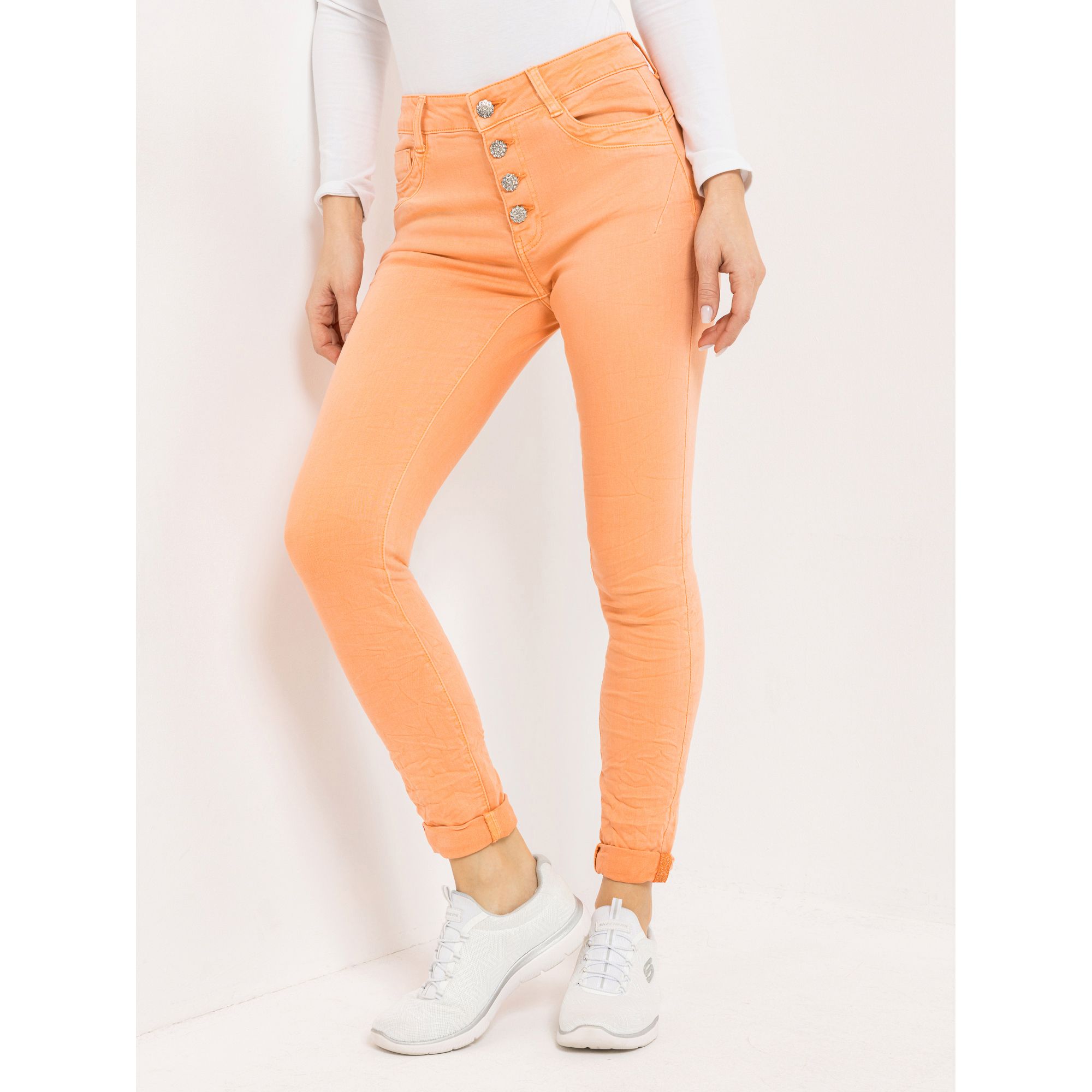 DINE 'N' DANCE Jeanshose Jive knöchellang Strass-Schmuckknöpfe schmales Bein