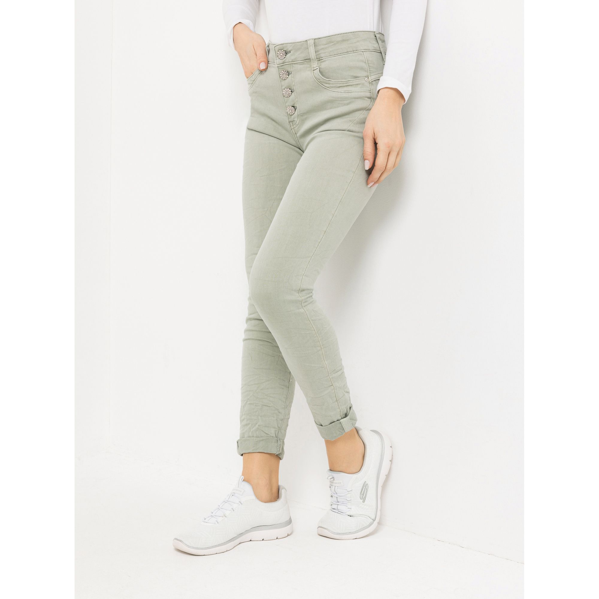 DINE 'N' DANCE Jeanshose Jive knöchellang Strass-Schmuckknöpfe schmales Bein