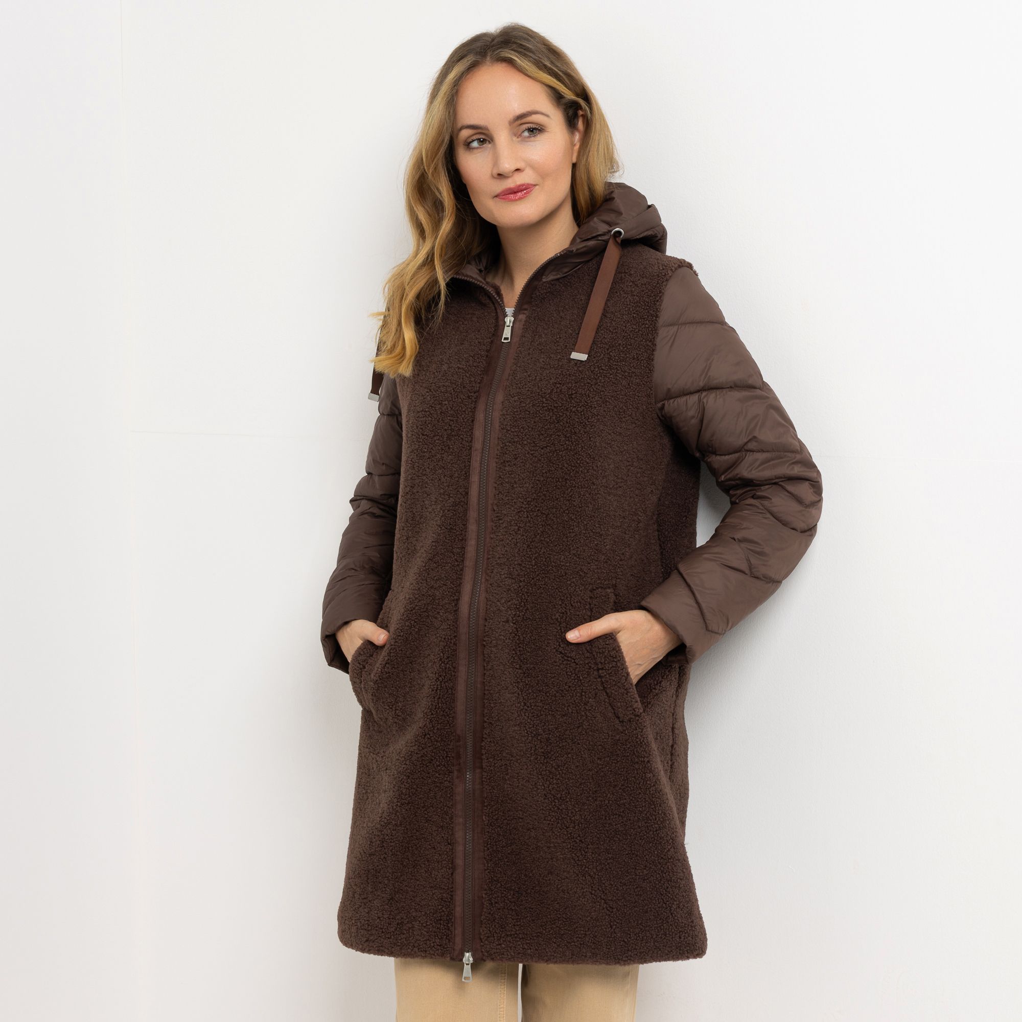 STRANDFEIN Materialmix Mantel Teddy und Stepp abnehmbare Kapuze figurumspielend