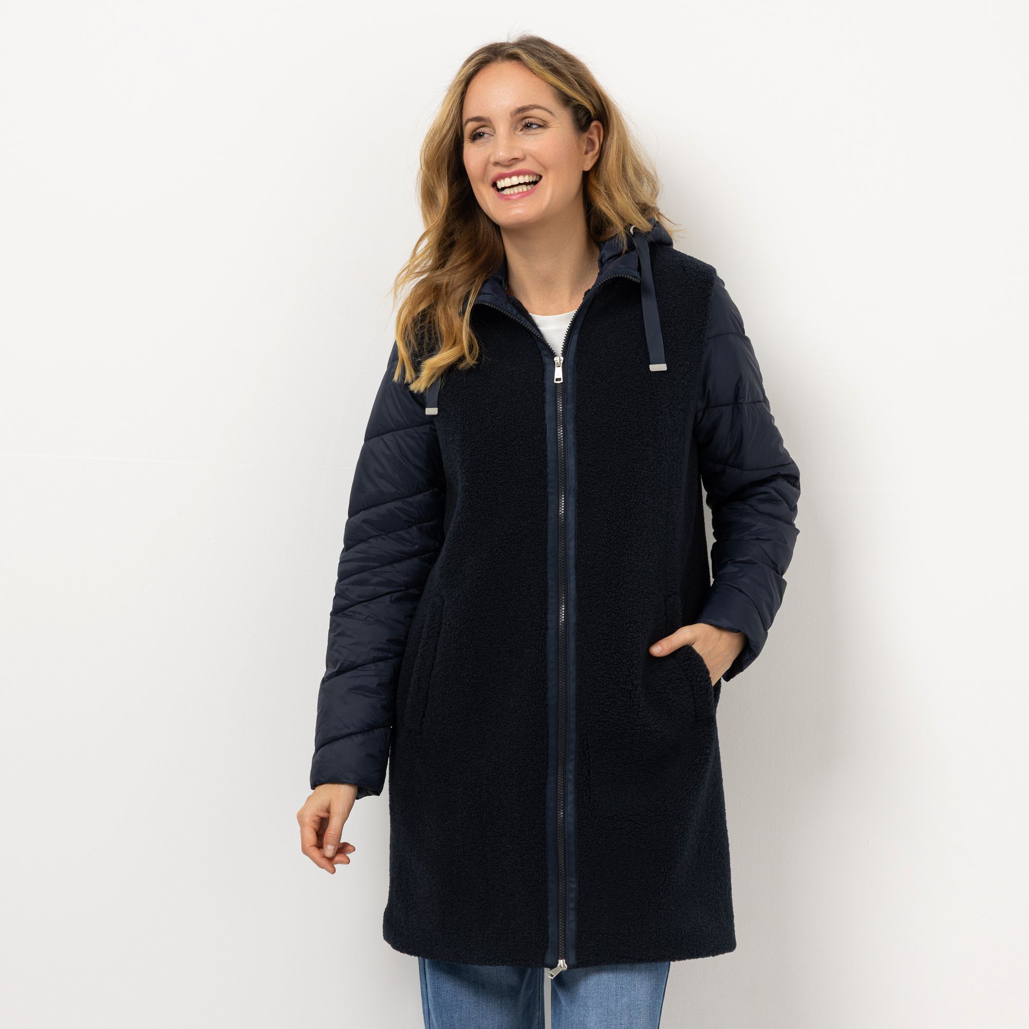 STRANDFEIN Materialmix Mantel Teddy und Stepp abnehmbare Kapuze figurumspielend