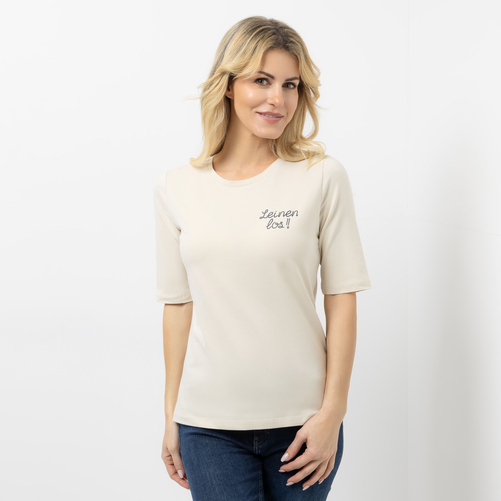 STRANDFEIN Shirt, 1/2-Arm Rundhalsausschnitt Logo-Stickerei figurumspielend