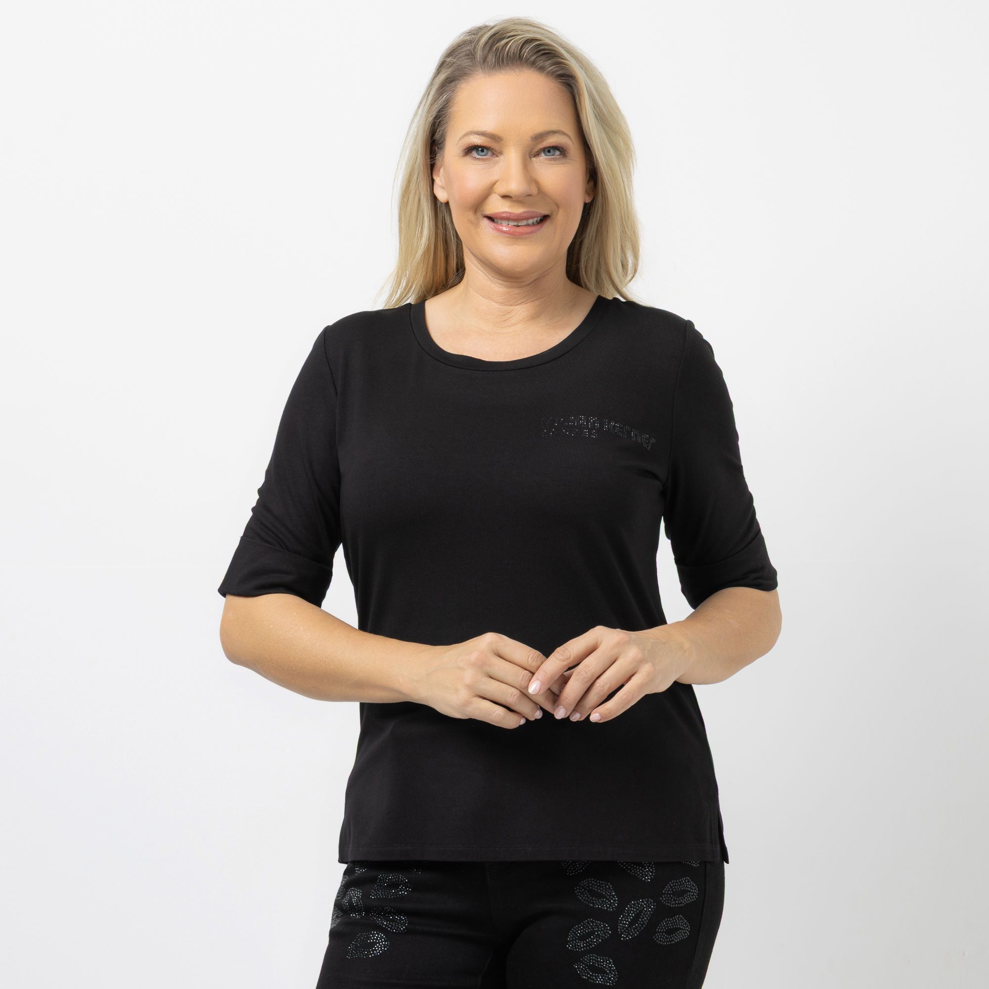 KILIAN KERNER SENSES Shirt, 1/2-Arm Rundhalsausschnitt Glitzer-Logo mit ECOVERO™-Viskose