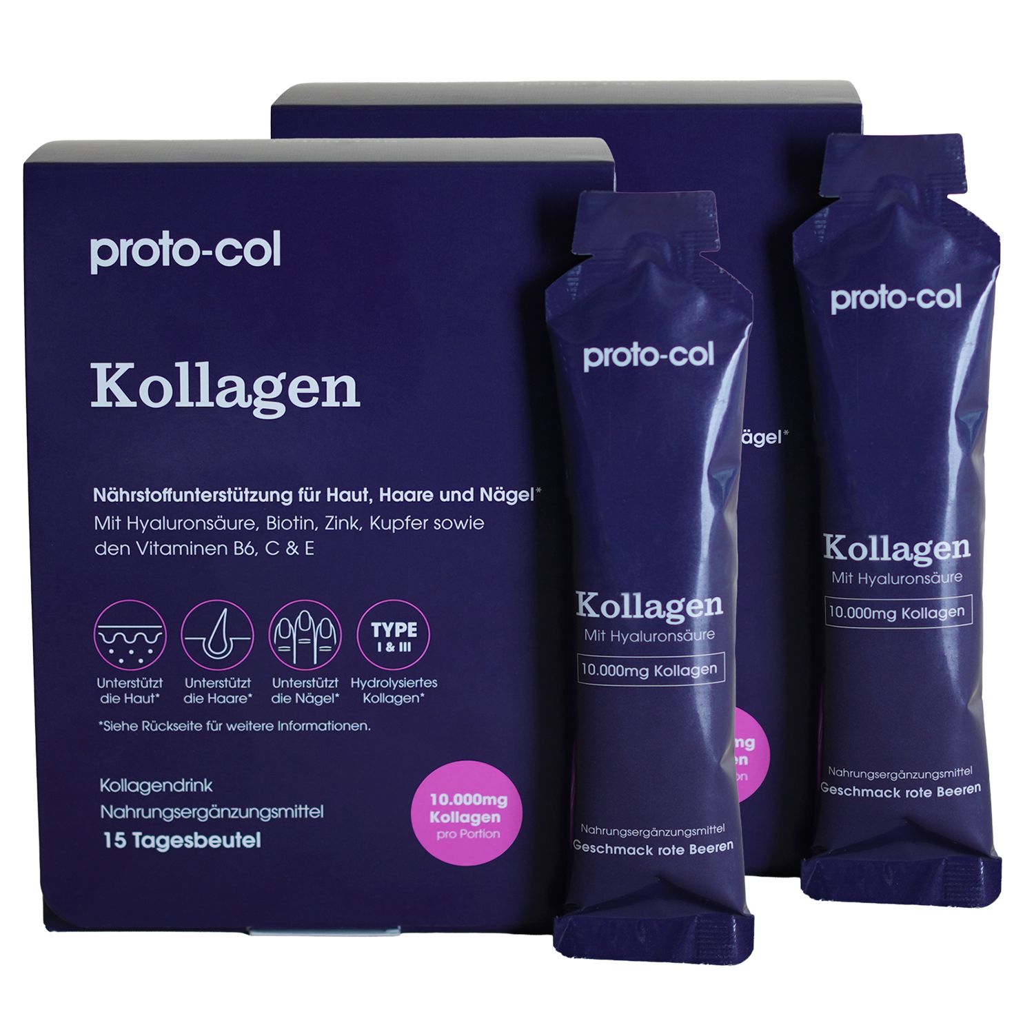 PROTO-COL Kollagen mit Hyaluronsäure Beerengeschmack 30 Sachets á 30ml