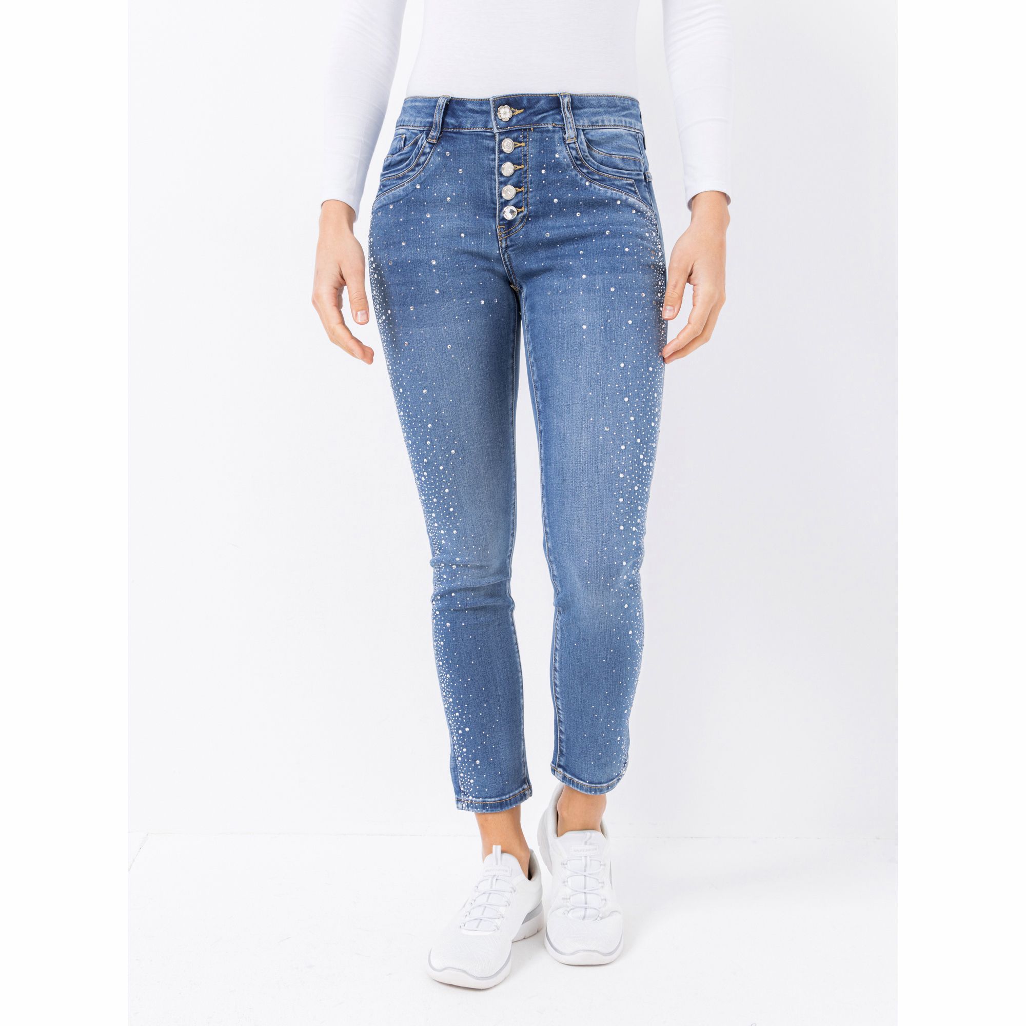 DINE 'N' DANCE Jeanshose Jive 5-Pocket-Style Strassstein-Detail schmales Bein