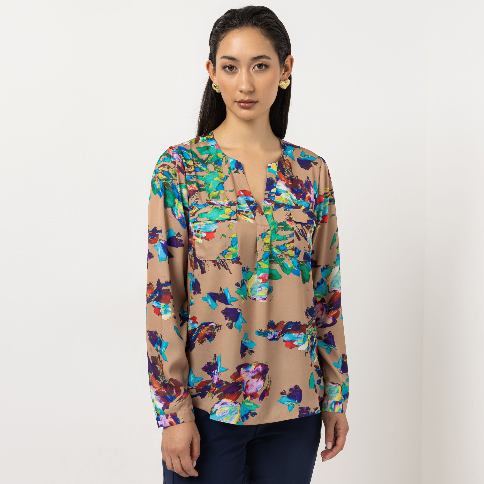 STEFFEN SCHRAUT Bluse Mailand Serafino-Ausschnitt Brusttaschen figurumspielend