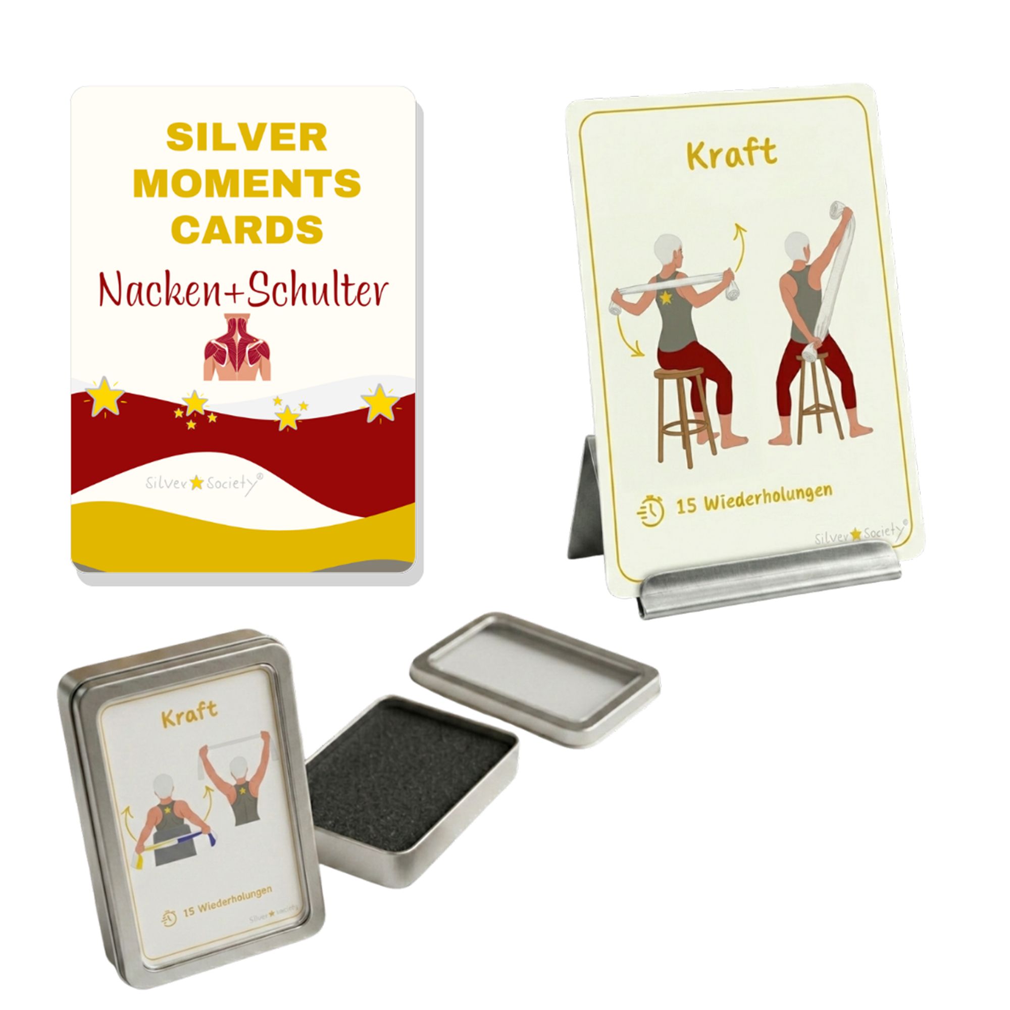 SILVER STAR SOCIETY® Schultern & Nacken Übungskarten Set inkl. Kartenhalter, Aufbewahrungsbox