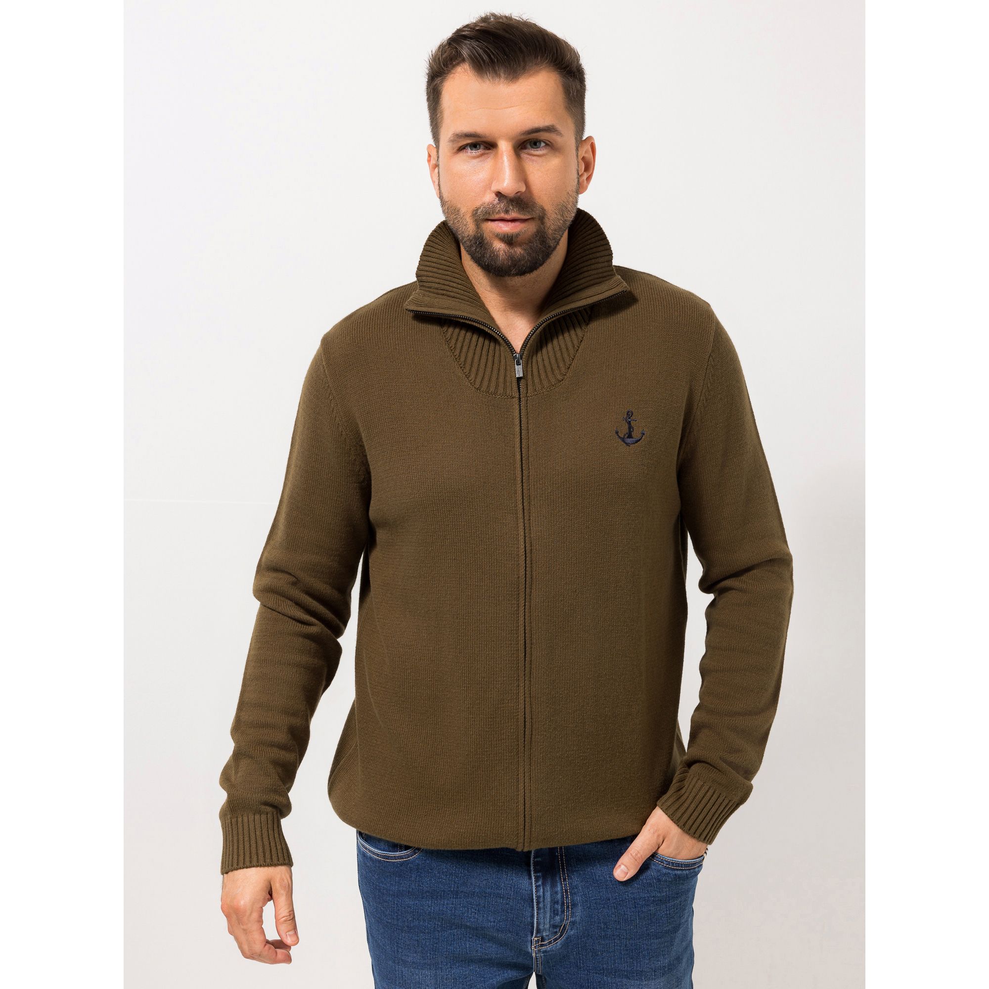 STRANDFEIN Menswear Cardigan Troyerkragen 2-Wege-Reißverschluss Anker-Stickerei