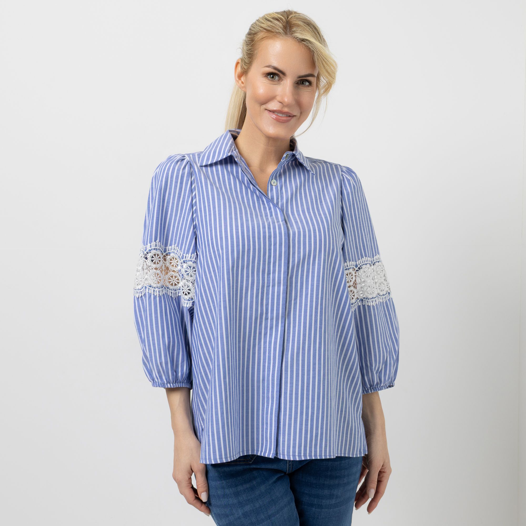 SCHIFFHAUER MUNICH® Bluse 3/4-Arm Hemdkragen Spitze am Ärmel figurumspielend