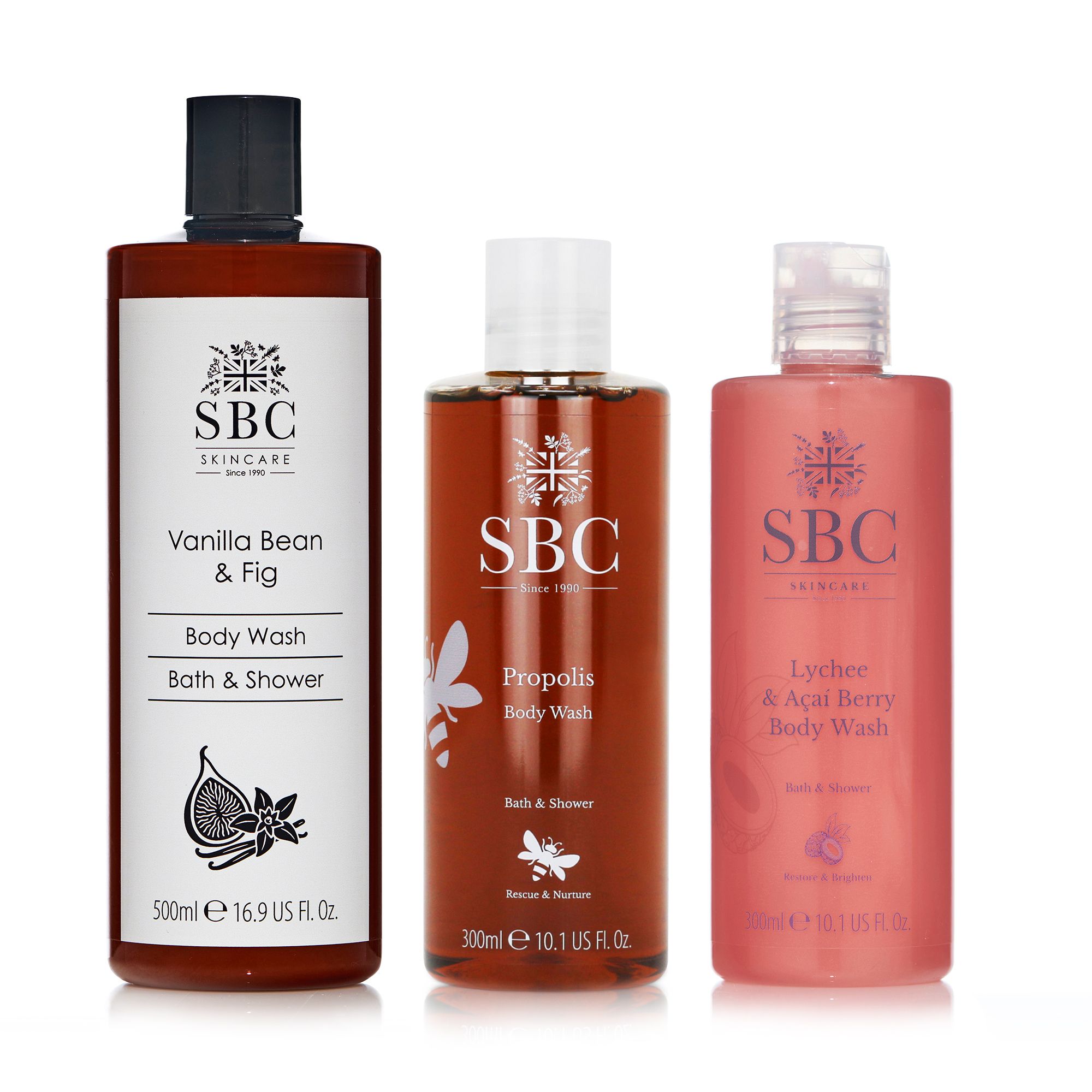 SBC Bodywash Trio Propolis, Lychee & Acai 2x 300ml, Vanilla & Fig 500ml