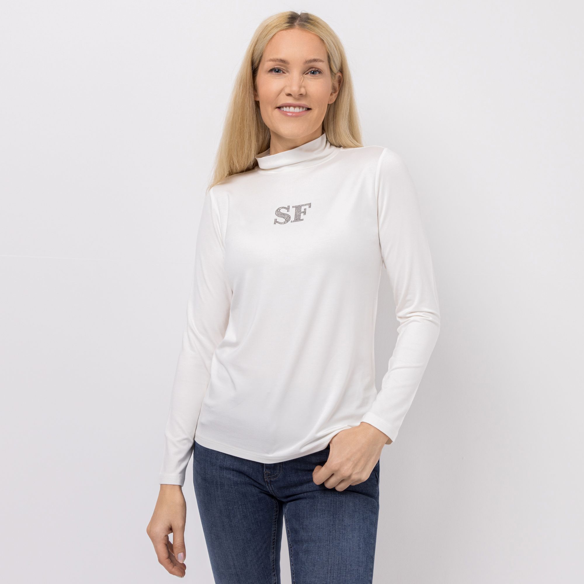 STRANDFEIN Shirt, Langarm Stehkragen Strassstein-Logo figurumspielend