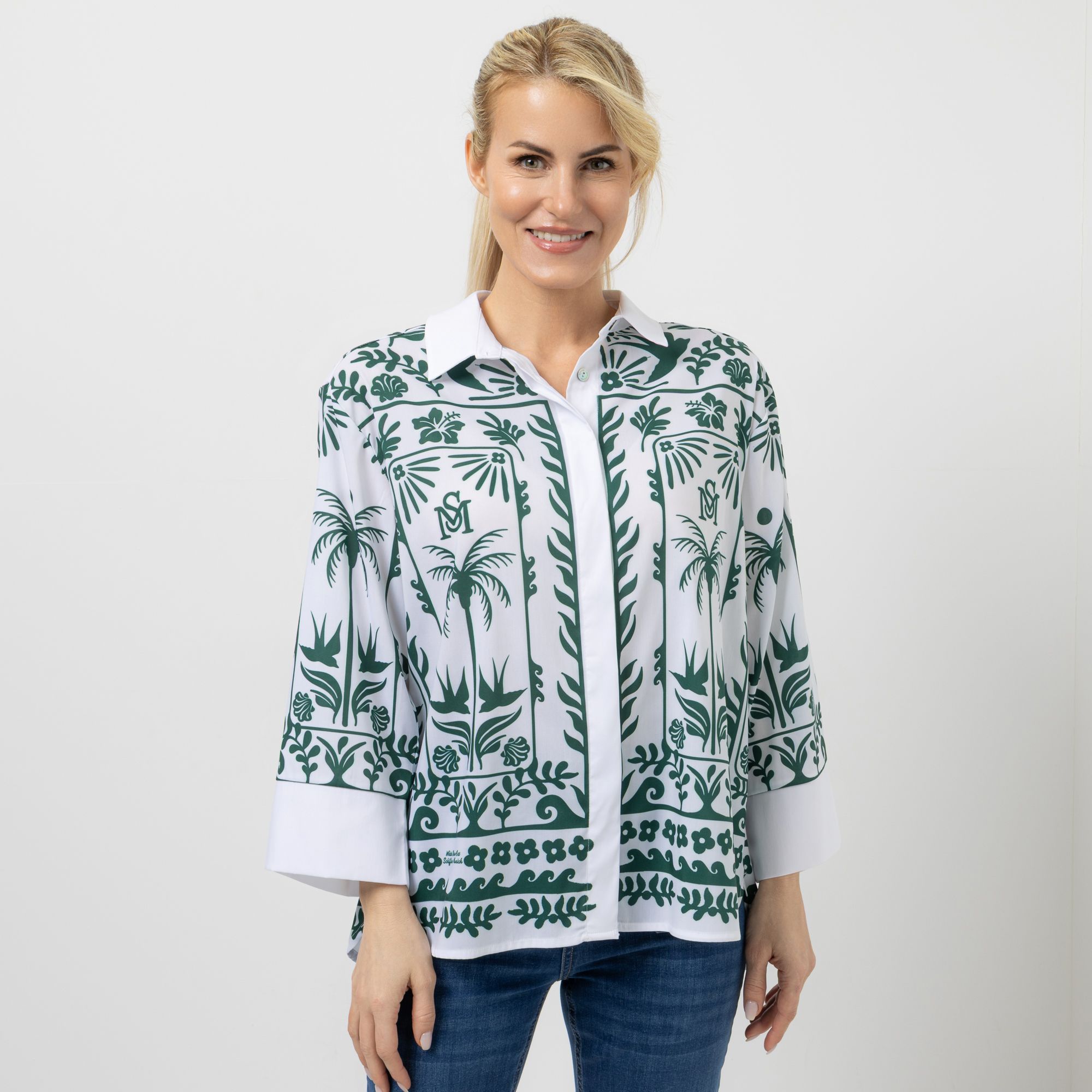 SCHIFFHAUER MUNICH® Bluse 3/4-Arm Hemdkragen Logoknöpfe figurumspielend