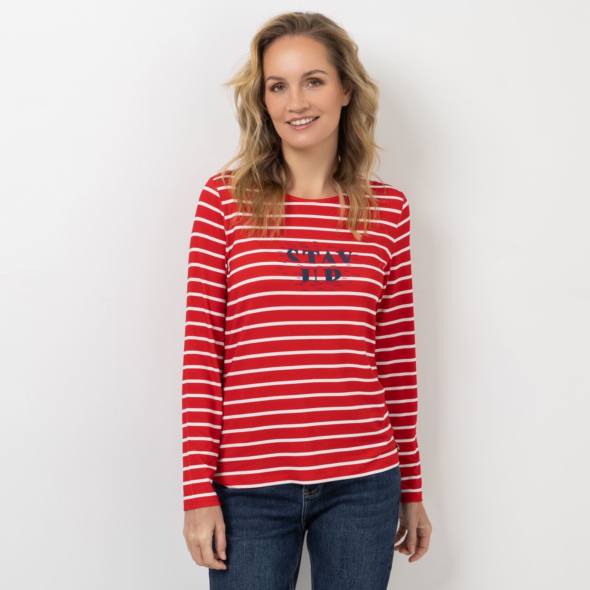 STRANDFEIN Shirt, Langarm Rundhalsausschnitt Druck-Detail figurumspielend