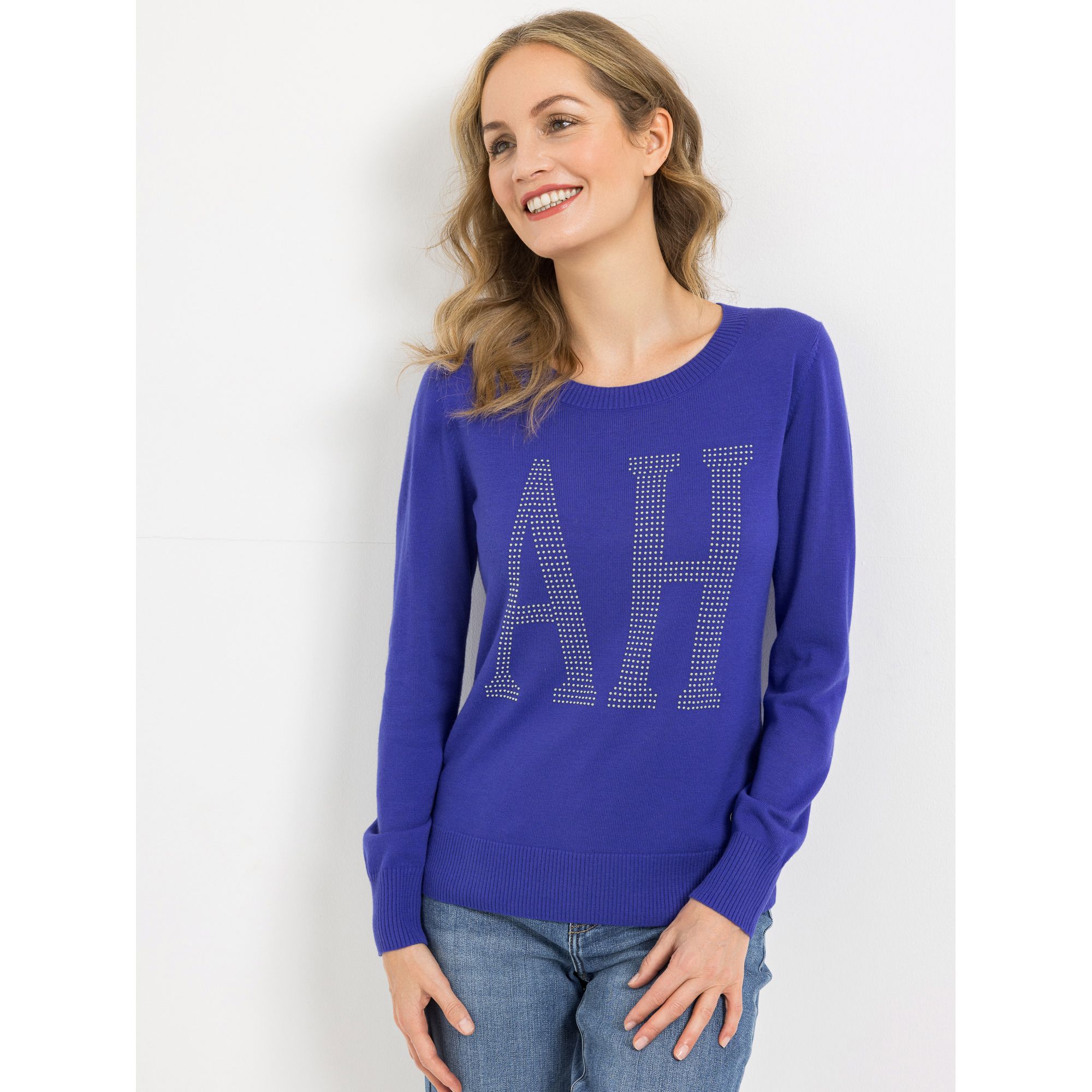 STRANDFEIN Pullover Rundhalsausschnitt Strassstein "AHOI" figurumspielend