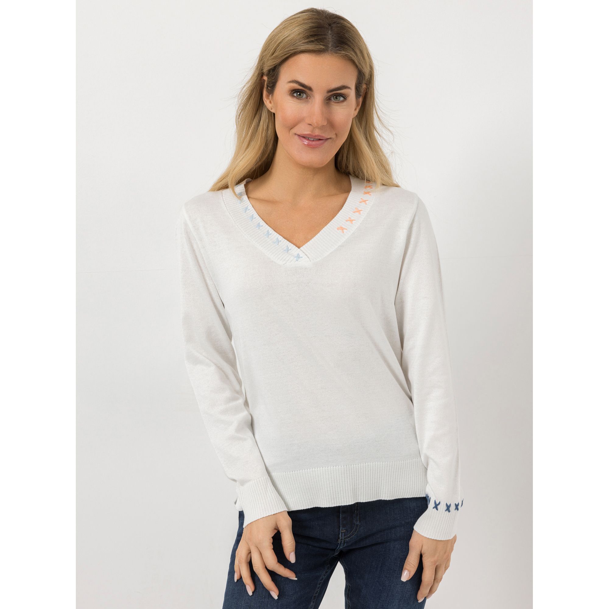 DINE 'N' DANCE Pullover, 1/1-Arm V-Ausschnitt Stick-Details figurumspielend